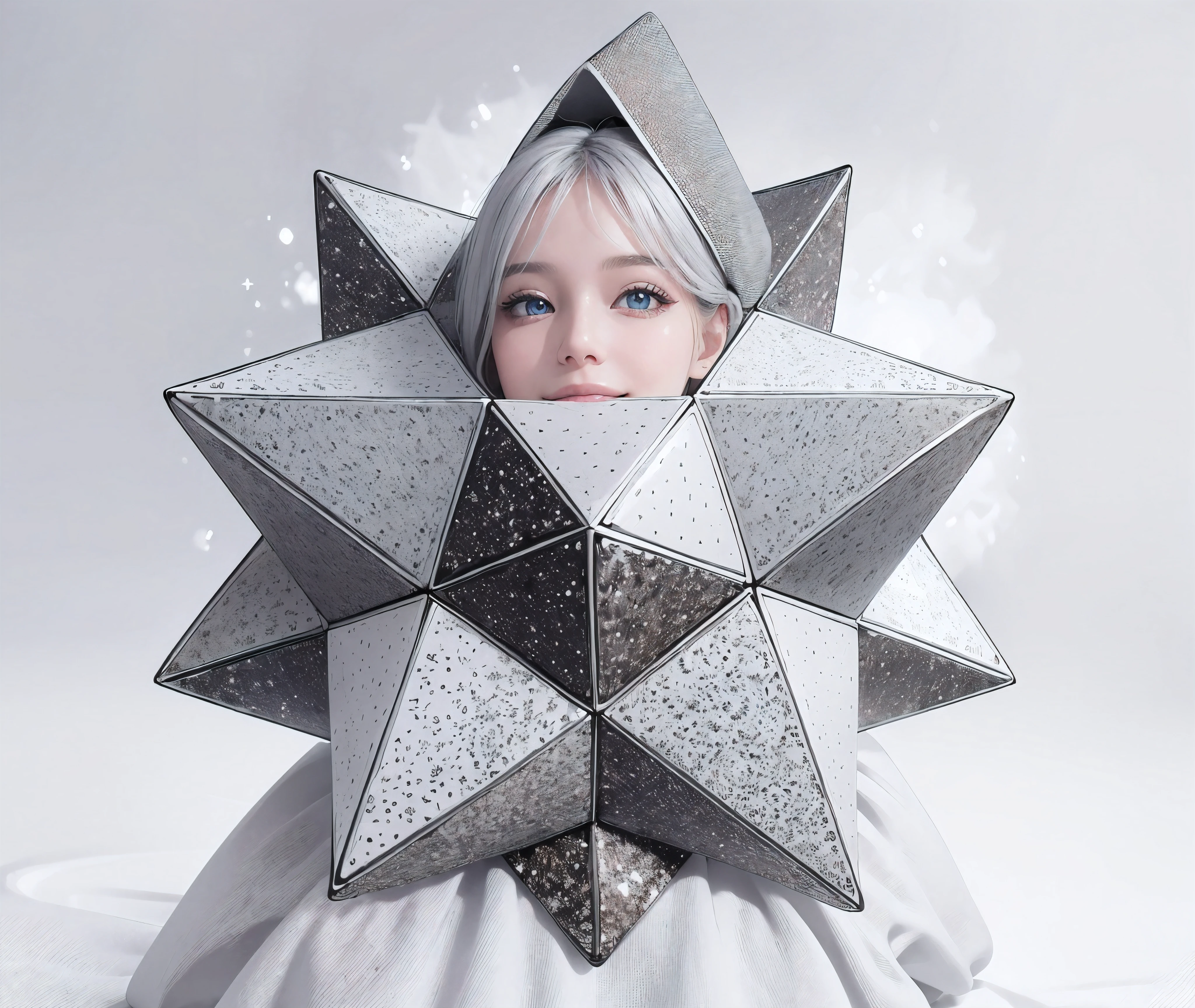 (Realistic:1.8), (Digital art:0.2), (Geometric art:1.7),(agpi official art, beautiful and aesthetic, ultra detailed, beautiful, masterpiece, best quality:1.6), (1girl:1.2), Detailed face, Detailed eyes, Detailed hair, young fingers, Detailed fingers, five fingerREAK cute ig model, Japanese cute model, 22 years old, Tightened all body, small head, small face, small mouth, diamond Face, small nose, Sharp Faceline, (dropy eyes, Double eyelid, Light color eyes, Glossy eyes, Shiny eyes:1.2), Shiny skin, shiny hair, (gray hair:1.2),
_
BREAK (happy, smile, Teeth, Glossy Lip:1.2),beautiful Teeth, (upper body:1.5), sitting, from front,
_
BREAK (BLACK and White theme:1.4), (Cute Christmas theme:1.2), (fluffy Santa hat with ribbon:1.2), (adorable BLACK and white candy cane-striped off-shoulder top:1.2), (short length White pleated skirt with subtle Polka dot pattern:1.2), (festive knee-high socks with small bows:1.2), (festive White and BLACK ankle boots:1.2), BREAK (sparkling snowfall background:1.2), (Fog, mist:1.4),(joyful expression:1.2), (holding a cute gift box with a big bow:1.2), (gentle snow breeze:1.2),