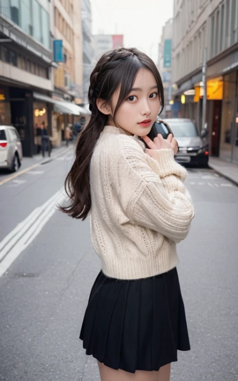 masutepiece、masutepiece、Wear light knitwear、I'm wearing a jacket made of boa material、((knit braided mini skirt))、Long black boots、Smaller buttocks、Hair length is random、A dark-haired、In the winter city、sexy pose、((Photographed from head to toe))、18year old、a Korean girl、kawaii、