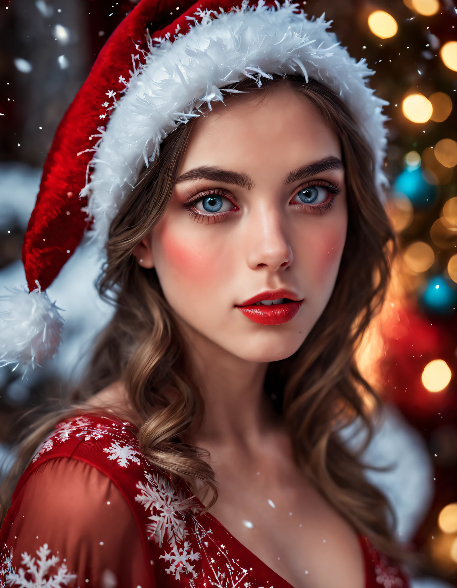 (best quality,4k,Altas:1.2),Rosto extremamente detalhado,belos olhos detalhados,beautiful detailed lips,Vestido vermelho de seda,Flocos de neve em queda,Natal tem,Detalhes perfeitos do rosto,vivid colors,soft lighting,Estilo Retrato,colorful festive backdrop,winter wonderland