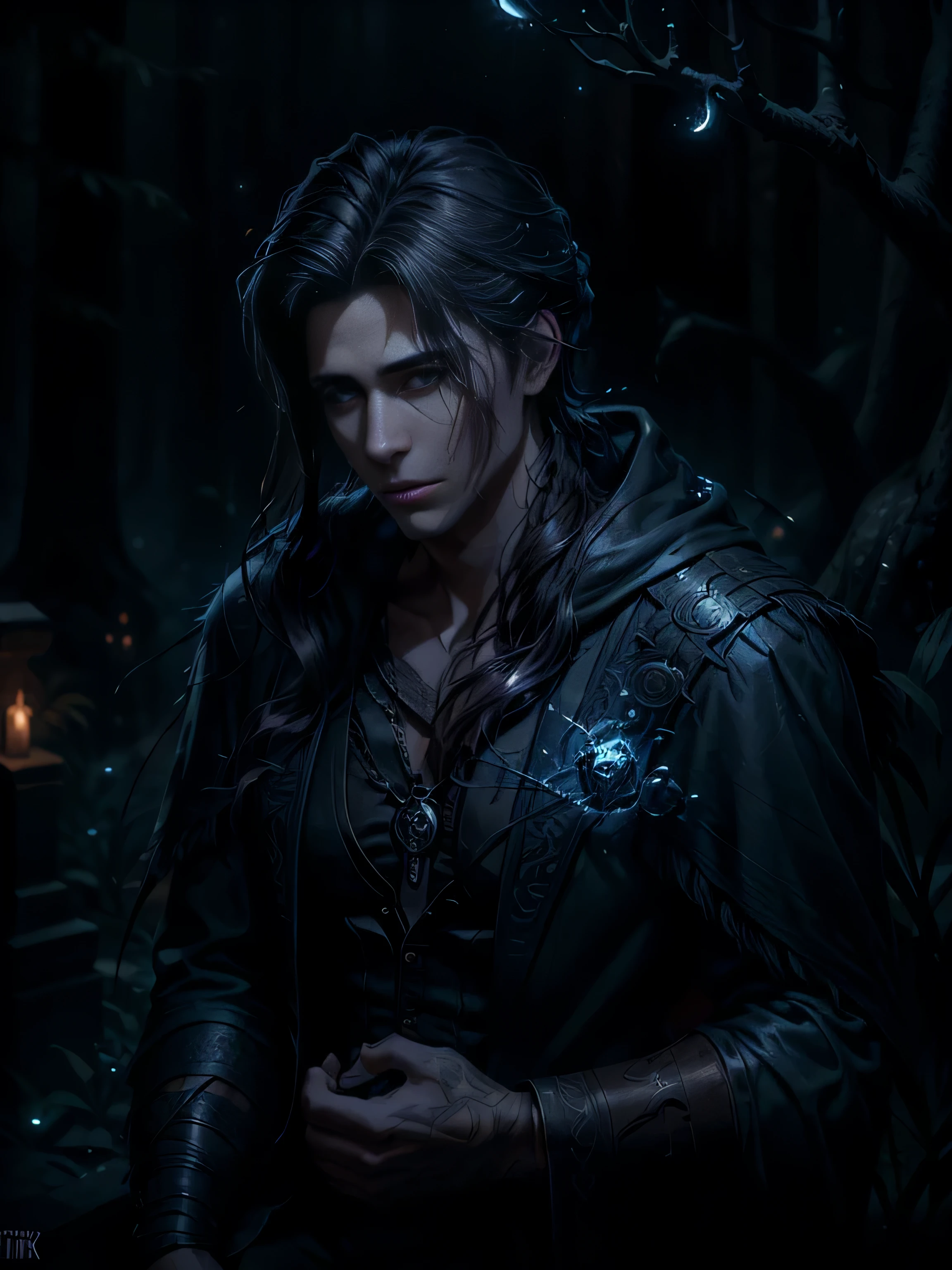 handsome young man with dark hair, holding a skull, Fantasy, night forest background and gravestones, blue fireflies, medieval, mysterious, Gloomy mood, ultra detail, Hair detailing, Artstation, deviant art