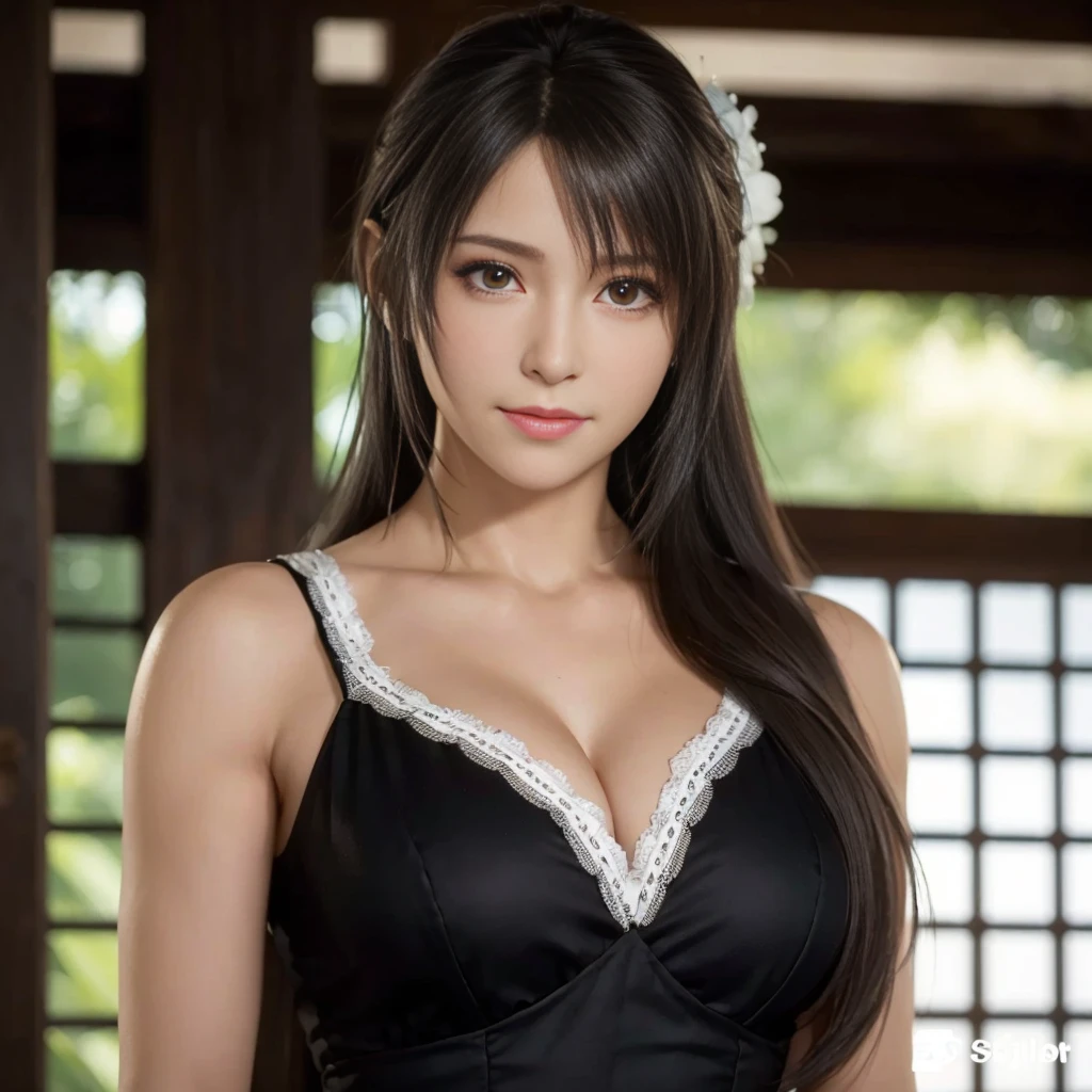 (best quality,ultra-detalhado),(Realistic:1.37),Tifa Lockhart, Rosto bonito e detalhado, maquiagem preta nos olhos, textura ultra realista, rosto delicado, cute expression with slight smile