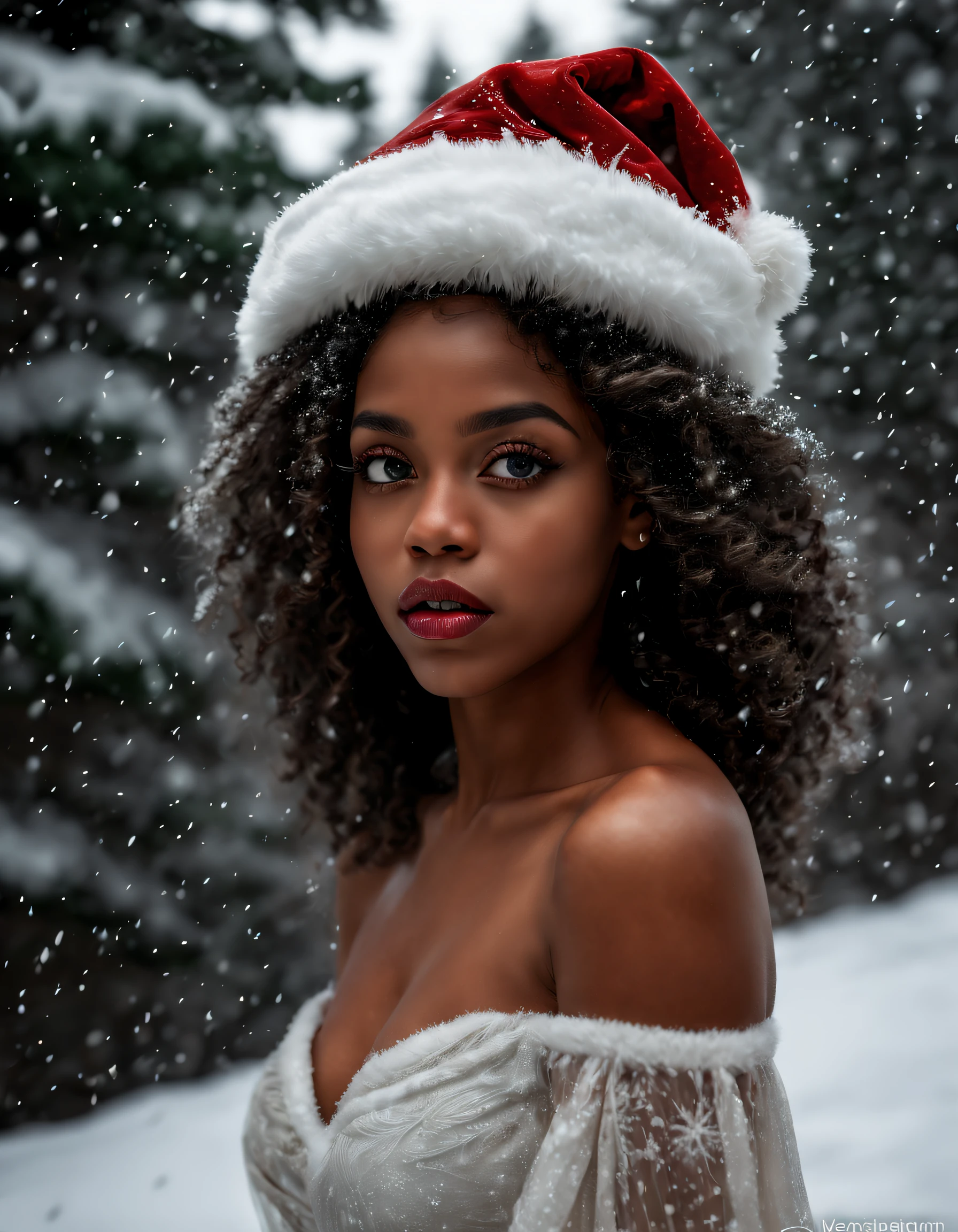 (melhor qualidade, realista: 1,37), Mulher pele negra afro rosto detalhado, lindos olhos castanhos detalhados, beautiful detailed lips, long eyeslashes, santa hat, vestido de seda vermelho, snow falling from the sky, paisagem de inverno, ambiente aconchegante, warm ilumination, flocos de neve macios, serene expression, delicate strokes, retrato realista, cores vibrantes, holiday theme