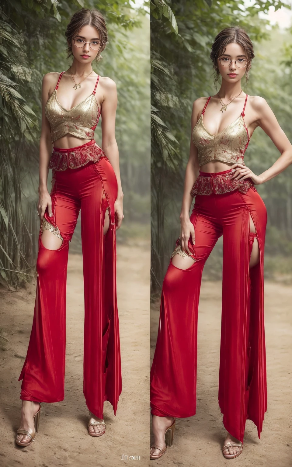 (8K, Masterpiece, RAW photo, Best quality, detail:1.3), (ultra realistic Natural background, scenary:1.5), Depth of field, Cinematic light, (ultra realistic face), (1 picture of 1 solo girl Airim Jones:1.6), 1girl, (Beautiful and elegant Russian girl), (skinny girl with glasses), (European face:1.3), (perfect complete full body:1.5), (small necklace, collarbone:1.1), ( [bangs|pigtails|bob|pixie] hair:1.5), (ultra detailed skin:1.4), (sexy red outfit:1.6),, (High-Slit Palazzo Pants:1.55), (perfect standing pose:1.5), (perfect long legs:1.4)