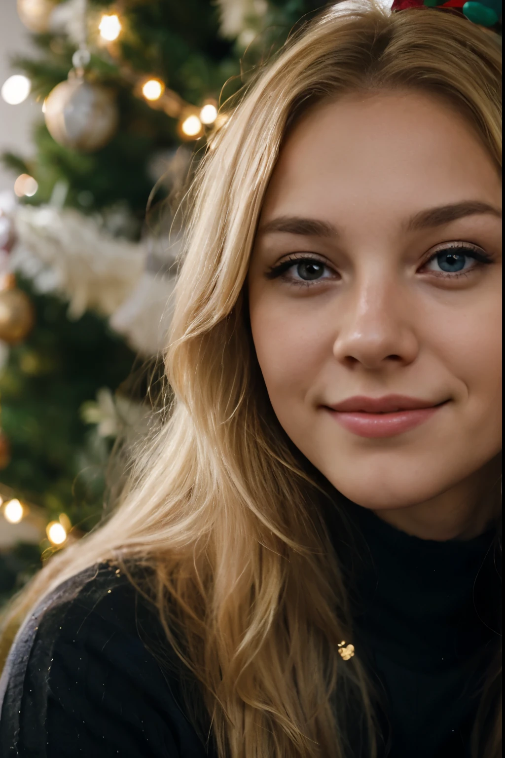 background focused, wide shot, iPhone camera, legs, Christmas present, sitting in front of a Christmas tree opening a present, dark light, evening, full body picture, wearing a Christmas outfit, human skin, skin pores, small hair on skin, young and cute face, chubby, best quality, Meisterwerk, Realistisches Foto, Komplizierte Details, blondes haar, cute face, Körpchengröße B, blondes Haar, perfekte und blaue Augen, young woman, 20 Jahre alt, cute face, smile