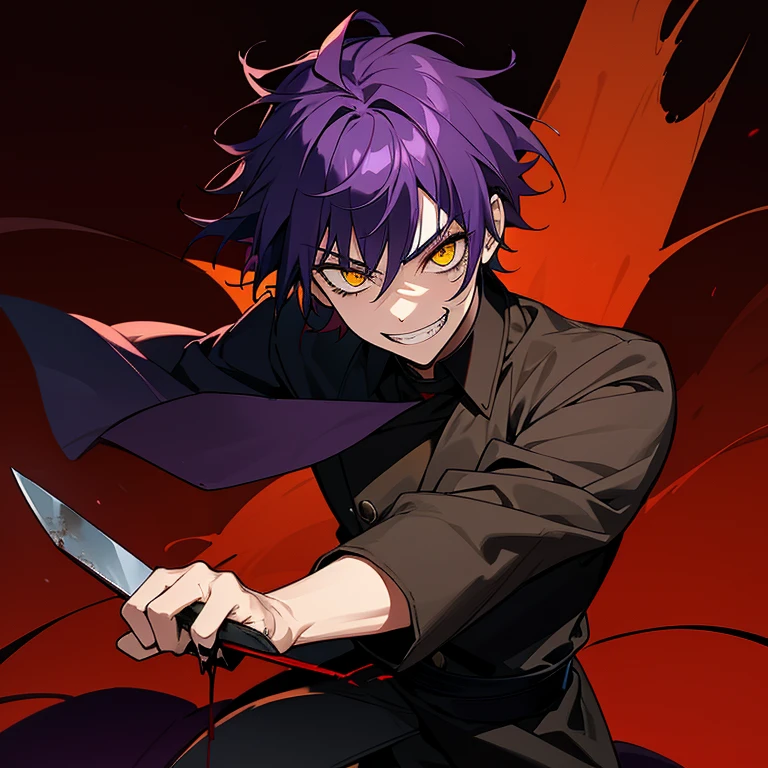 1 boy, dark purple hair, yellow eyes, black noble cloth, calm face, handsome, bored face, villain, blood everywhere, grin, blood on the face, blood on the cloth, crazy face, Laugh, armed with a bloody chopping knife,  boy, glowing yellow eyes, psychopath smile, vampire teeth