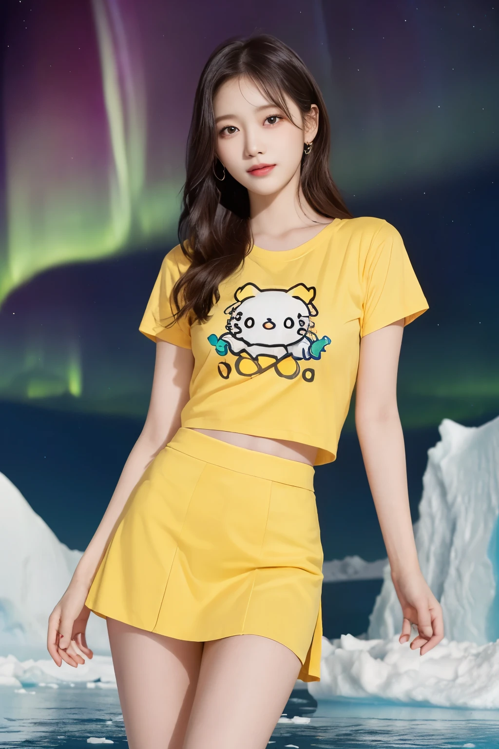 ((masutepiece:1.4, Best Quality)), (photos realistic:1.4), ((1girl in)), ((20yr old)), (Ultra High Resolution:1.2), Extremely delicate and beautiful, amazing, the Extremely Detailed CG Unity 8K Wallpapers, Ultra-detailed, High resolution, Soft light, Beautiful detailed girl, extremely detailed eye and face, beautiful detailed nose, Beautiful detailed eyes, (Wearing a yellow T-shirt、Print Sanrio style chick illustration:1.5), (Yellow skirt:1.3), ((thighs thighs thighs thighs)), Lustrous black hair, Cinematic lighting, Perfect Anatomy, Slender body, (Standing in front of an iceberg in Antarctica at night:1.3), (Aurora Borealis in the Night Sky:1.3), Cute poses, Cowboy Shot, laugh very loud