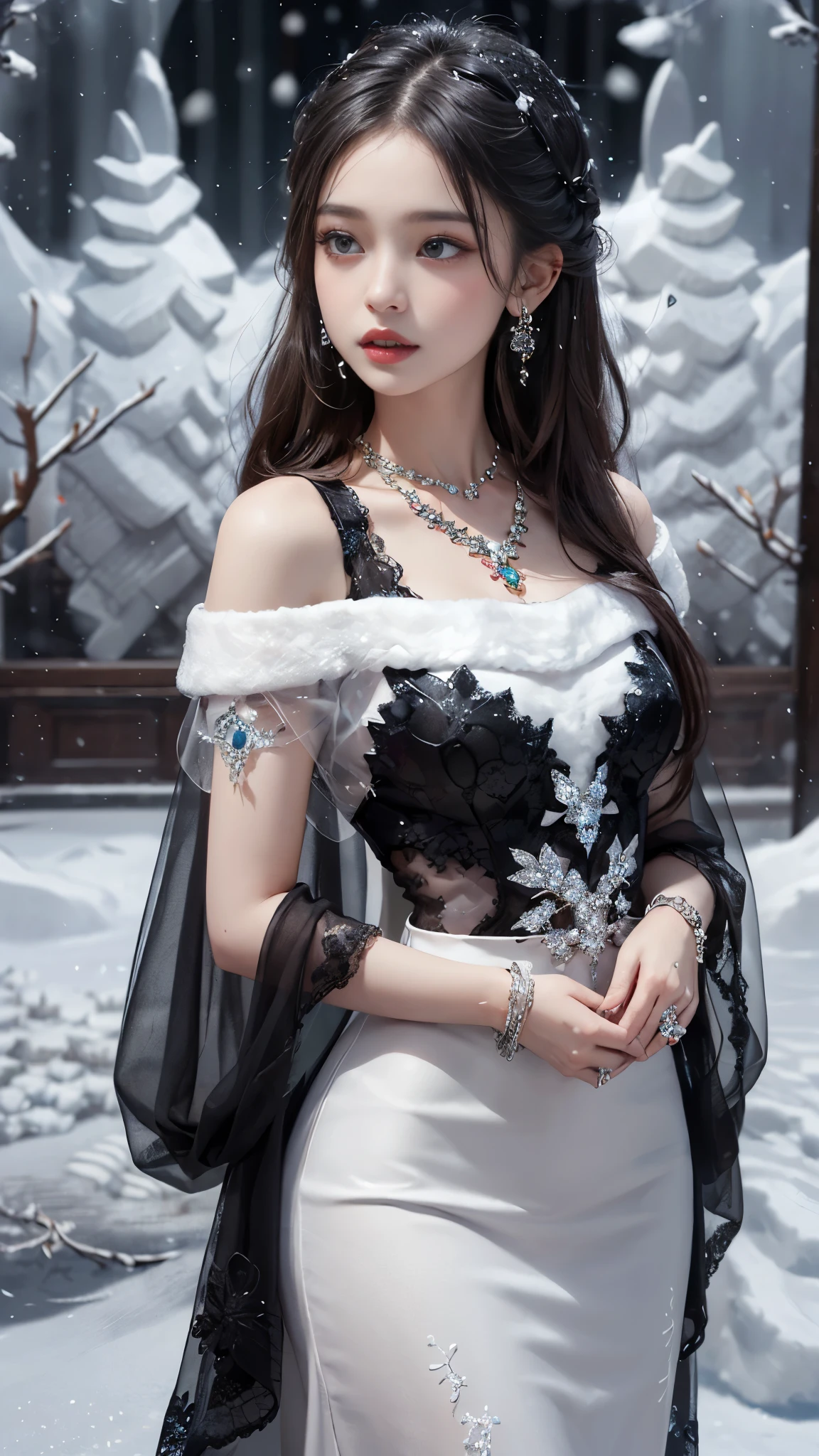 8k, masterpiece, 1 girl, beautiful face, very long hair, light makeup, detailed eyes, detailed lips, small bust, winter dress, silver dress, (wearing jewellery:1.8), (black lace:1.4), ((snow falling:1.4)),