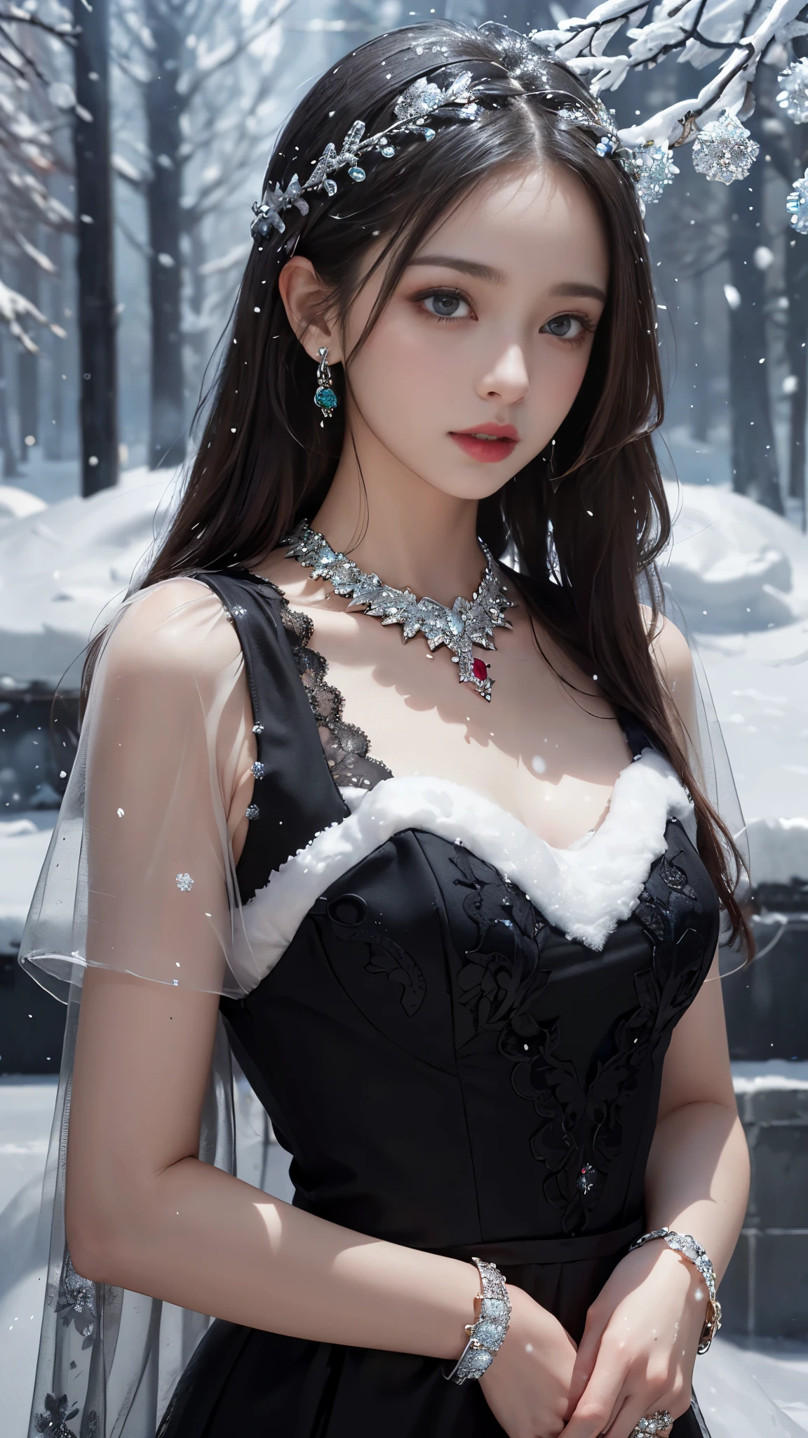 8k, masterpiece, 1 girl, beautiful face, very long hair, light makeup, detailed eyes, detailed lips, small bust, winter dress, silver dress, (wearing jewellery:1.8), (black lace:1.4), ((snow falling:1.4)),