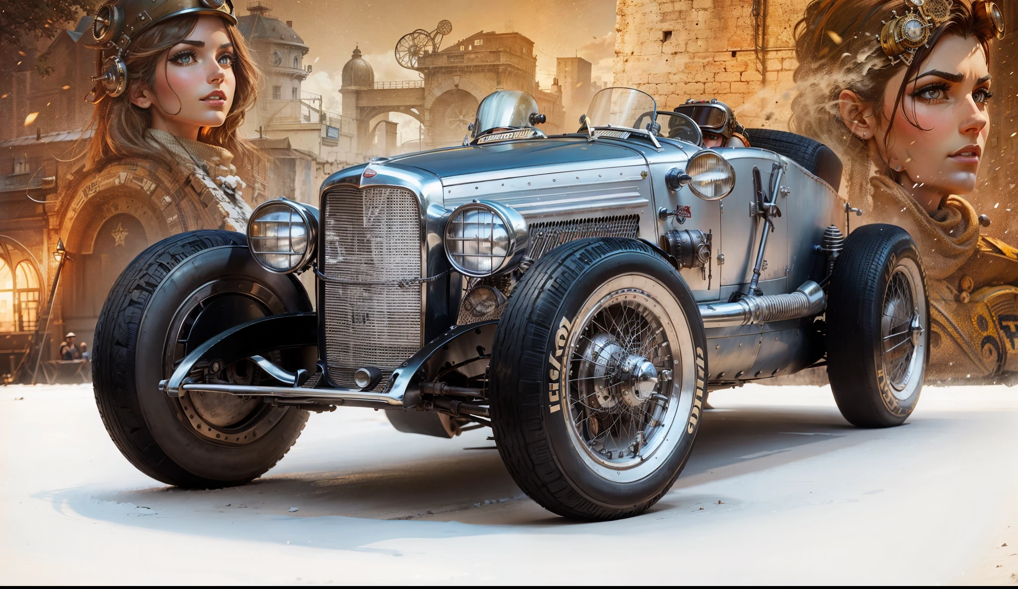 Vintage steampunk racing car parked in the foreground with two beautiful female racers with racing helmet and goggles and steampunk racing clothes, in the background vintage racing car in front of steampunk buildings