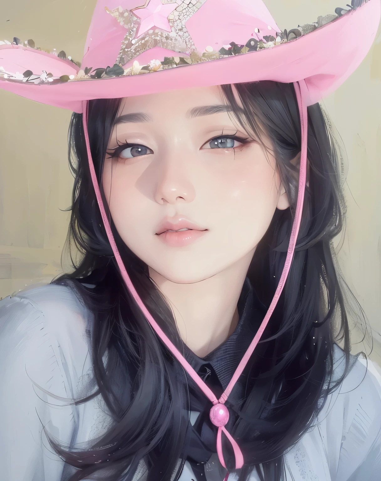 Masterpiece, best picture quality, 1 beautiful girl, detailed eyes, swollen eyes, brown hair, long hair, fair skin, sexy, cute, Asian beauty, magical world, moonlight, abandoned building, strong eyes, professional lighting, bright lighting, double eyelids, slender, assassin, Black clothes, cute face, bulu mata lentik ( jarang-jarang ) emakai topi Koboy warna pink, senyum (tidak terlihat gigi) bibir dengan lipstik pink pudar, lensa coklat, mata besar, double ayeled, rambut yang lembut rapi