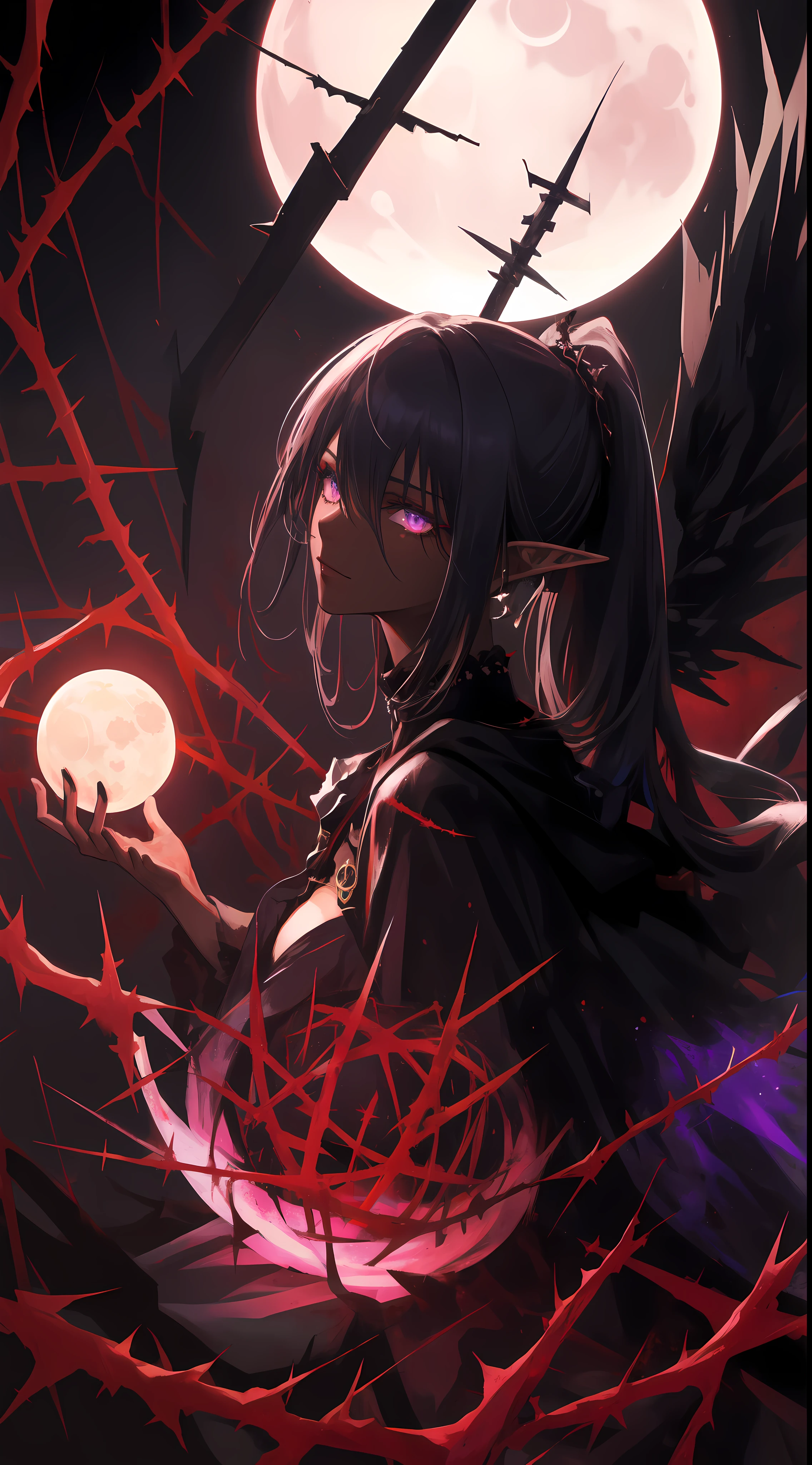 ((masterpiece, best quality)), official art, unity 8k wallpaper, ultra detailed, Amazing dark elf, Dark Angel, mystical aura, ((Obsidian black wings)), flowinggown, deep Purple, Motifs inspired by the occult, ((Crown of thorns)), Poisonous nightshade, balls of fire, Dynamic pose, Darkness shrouded, High detail resolution, Mysterious rituals, Dark atmosphere, r1ge, Crazy nothingness, Glowing eyes, Multiple eyes, Horror (Theme), BREAK, highly detailed of (dark elf), (1girl), solo, perfect face, details eye, ponytail, Blunt bangs, (hair between eye), white hair, violet eyes, fantasy art by Artgerm, by Kawacy, by Wadim kashin,BREAK, eyelashes, eyeshadow, pink eyeshadow, (dark skin:1.2), glaring, Mysterious smile, medium breast, BREAK, extremely detailed, dynamic angle, (( moonlight)), Mystic energy, Mysterious rituals, ((Dark atmosphere)),