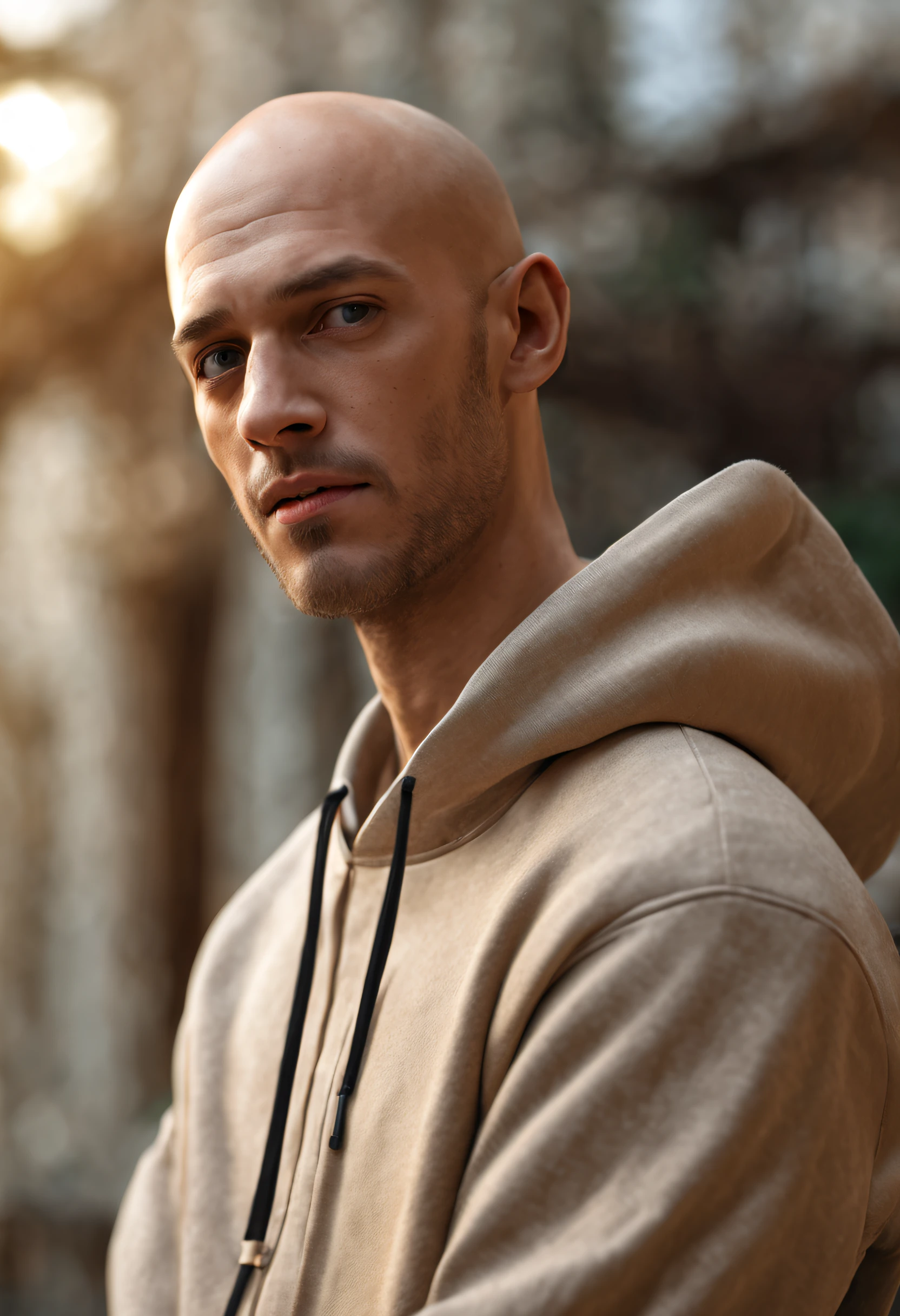 (Best Quality,8K,16k,hight resolution,Masterpiece:1.2),Ultra-detailed,(Realistic,photoRealistic,photo-Realistic:1.37),male,bald,Skinny,170cm Height,oversize clothes,Beige hoodie sweatshirt,photoshooting,looking up at the camera,Free pose,Variety of poses,Cinematic lighting