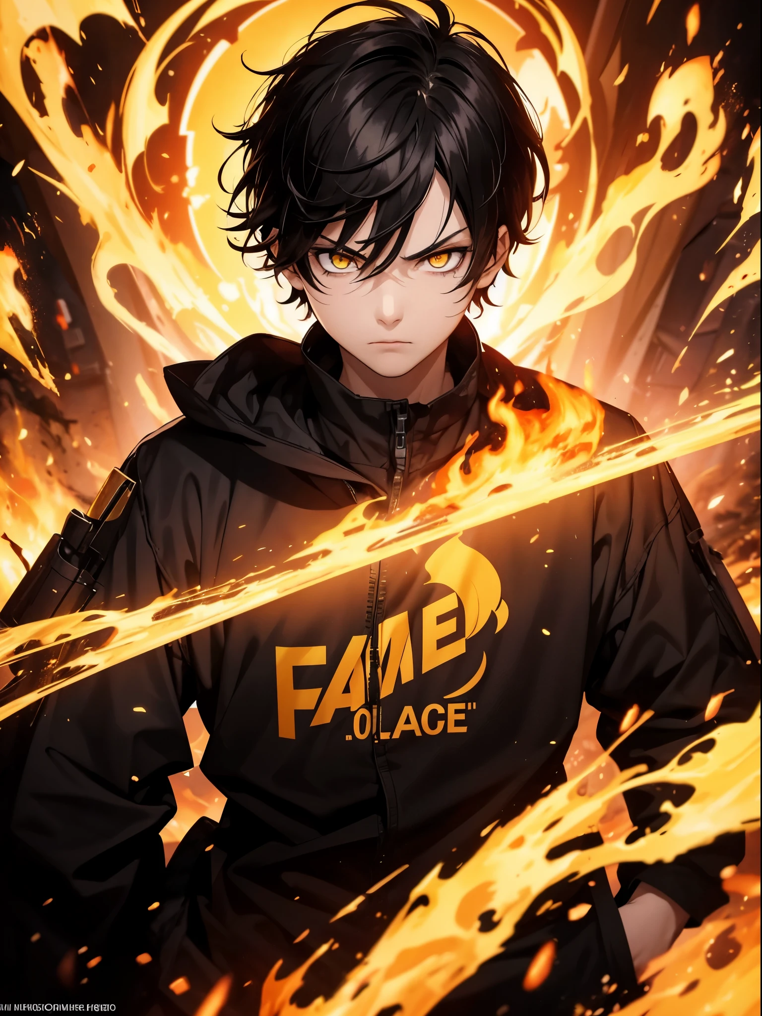 1boy, short black hair, yellow eyes, serious, face and neck shot only, surrounded by fire, looking to the side, absurdres, high res, ultrasharp, 8k, masterpiece, on his clothes the word WRITER is written, wearing orange goggles.