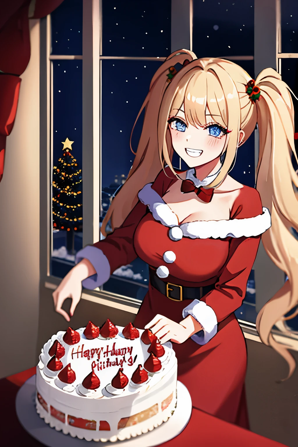 one girl, long wavy hair, blond hair, blue eyes, twin tails,big breasts,(makeup),(happy smile,clenched teeth), red santa Claus dress,standing pov from front,house, indoor,Christmas tree, birthday cake,night atmosphere