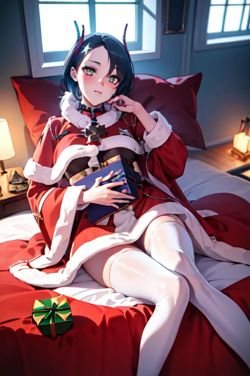 "Ulrich von Hutten from azur lane , Santa Claus costume with no bear, giving a gift to the viewer, cozy house, Christmas decorations, illustration, high quality, ultra-detailed, realistic, vivid colors, warm lighting"