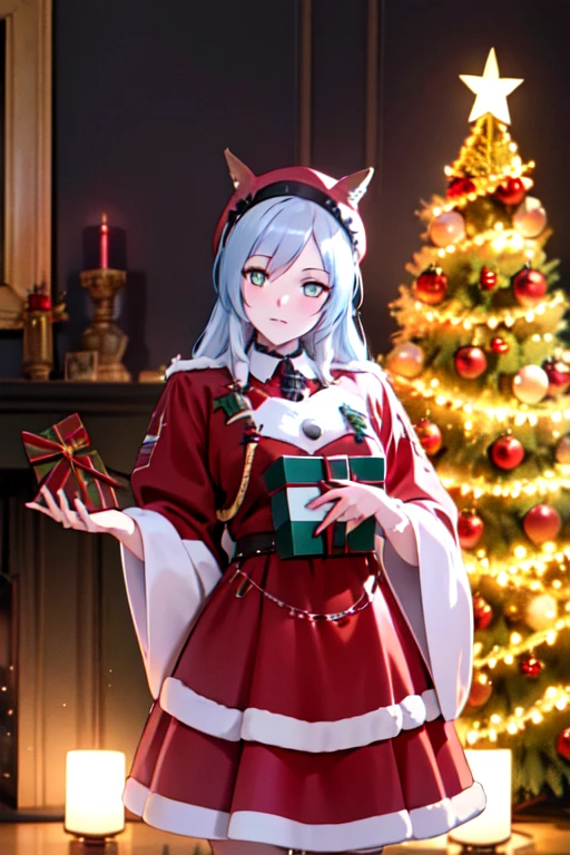 "Ulrich von Hutten from azur lane , Santa Claus costume with no bear, giving a gift to the viewer, cozy house, Christmas decorations, illustration, high quality, ultra-detailed, realistic, vivid colors, warm lighting"