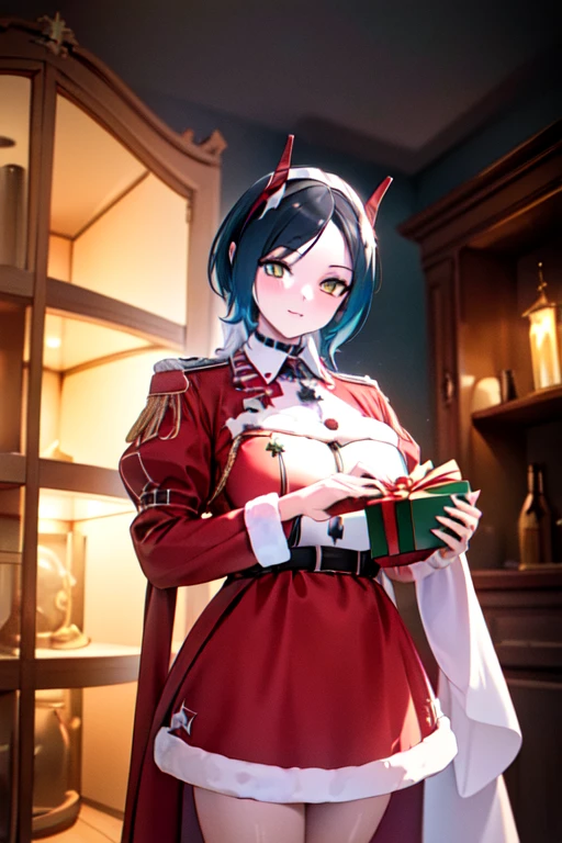 "Ulrich von Hutten from azur lane , Santa Claus costume with no bear, giving a gift to the viewer, cozy house, Christmas decorations, illustration, high quality, ultra-detailed, realistic, vivid colors, warm lighting"