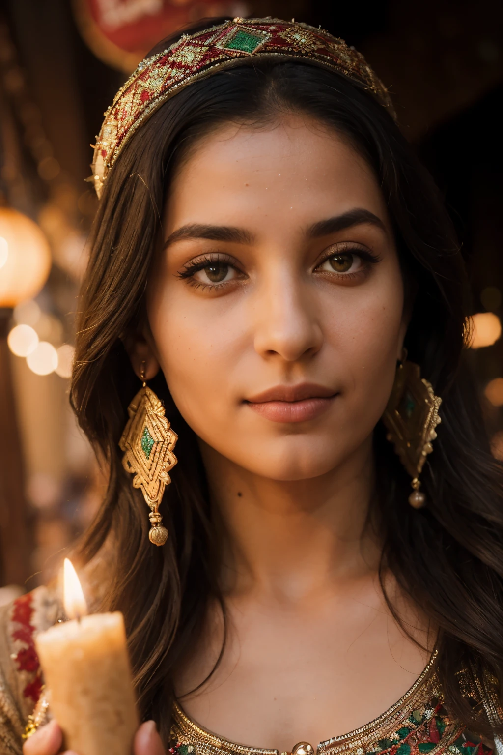 (top-quality, 8k, masterpiece: 1.3) A photo of Aisha, 30, Moroccan, mysterious, with piercing hazel eyes, exuding determination, wearing traditional Berber attire, engaged in a traditional dance in the vibrant souk of Marrakech, taken with a 50mm lens for intimate detail, intricate skin texture, lit by the warm glow of lanterns and market stalls.