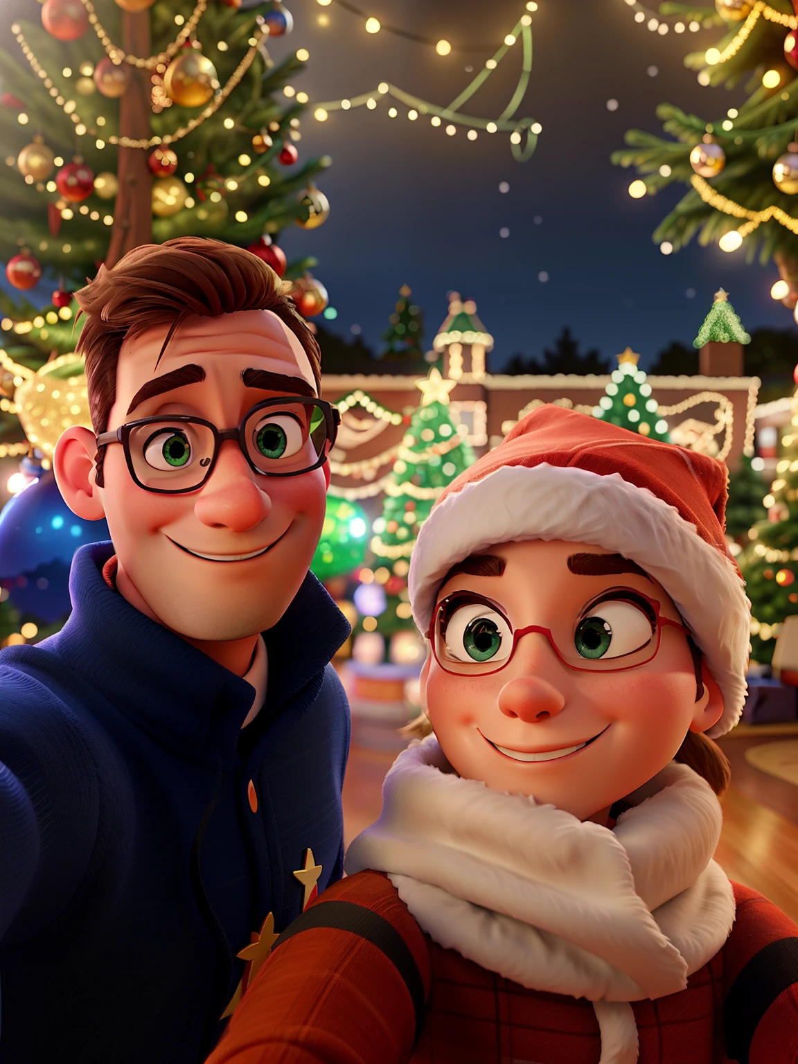 Disney Pixar style image with a man and a woman taking a selfie in front of a Christmas tree, a noite, With a tree in the background and flashing lights, holiday season,