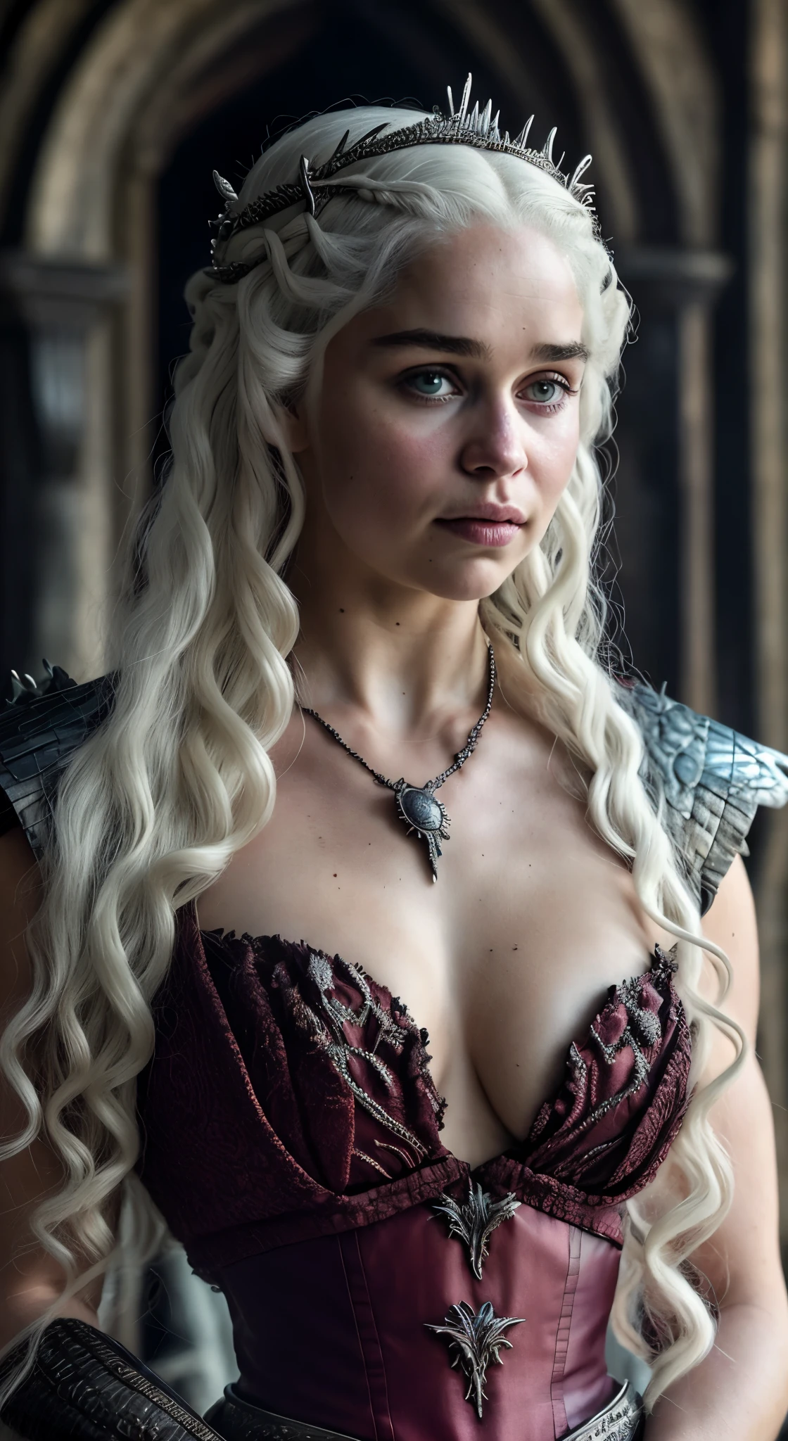 Royal Satin dress, Perfect eyes, flawless Beauty, pierced eyes, Masterpiece, Daenerys Targaryen, Gorgeous woman, queen, Queen Lady, Princess of Dragonstone, black mole on breast, The Unburnt, Queen of Meereen, Queen of the Andals, the Rhoynar and the First Men (claimant), Protector of the Seven Kingdoms (claimant), Khaleesi of the Great Grass Sea, Breaker of Shackles, Mother of Dragons, The One Who Was Promised, Lady of Dragonstone , 45 years Old, she is a Full growned lady now, beautiful mature lady, the queen, milf beauty, mature queen, Best quality, a small, charming Beauty, a captivating woman, fully ripen milf body, lustful queen, alluring appearance, unrivaled beauty, wonderful breasts, large breasts, mediaeval erotic costumes, a Game of Thrones-inspired costume, a close-up of a woman from the middle ages, Daenerys Targaryen, Daenerys, resembles Emilia Clarke, Emilia Clarke, scene from "Game of Throne," deep cleavage, warrior princess, healthy body, perfect thick body, attractive figure, fleshy body, style of "Game of Throne," beautiful lady, beautiful woman, mediaeval clothes, stunning woman, 8K, insane details, dress made of clothes and jewelry, perfect hair, styled hair, high clarity eyes, perfect hands, perfect fingers, perfect eyes