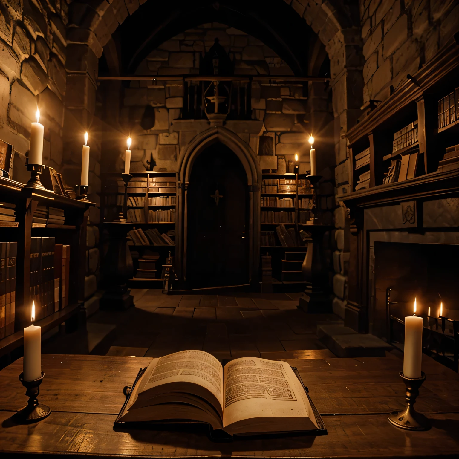 gothic, middle ages, dungeon room, torches on the walls, library on the background, a big book and candle on the table, wide angle,