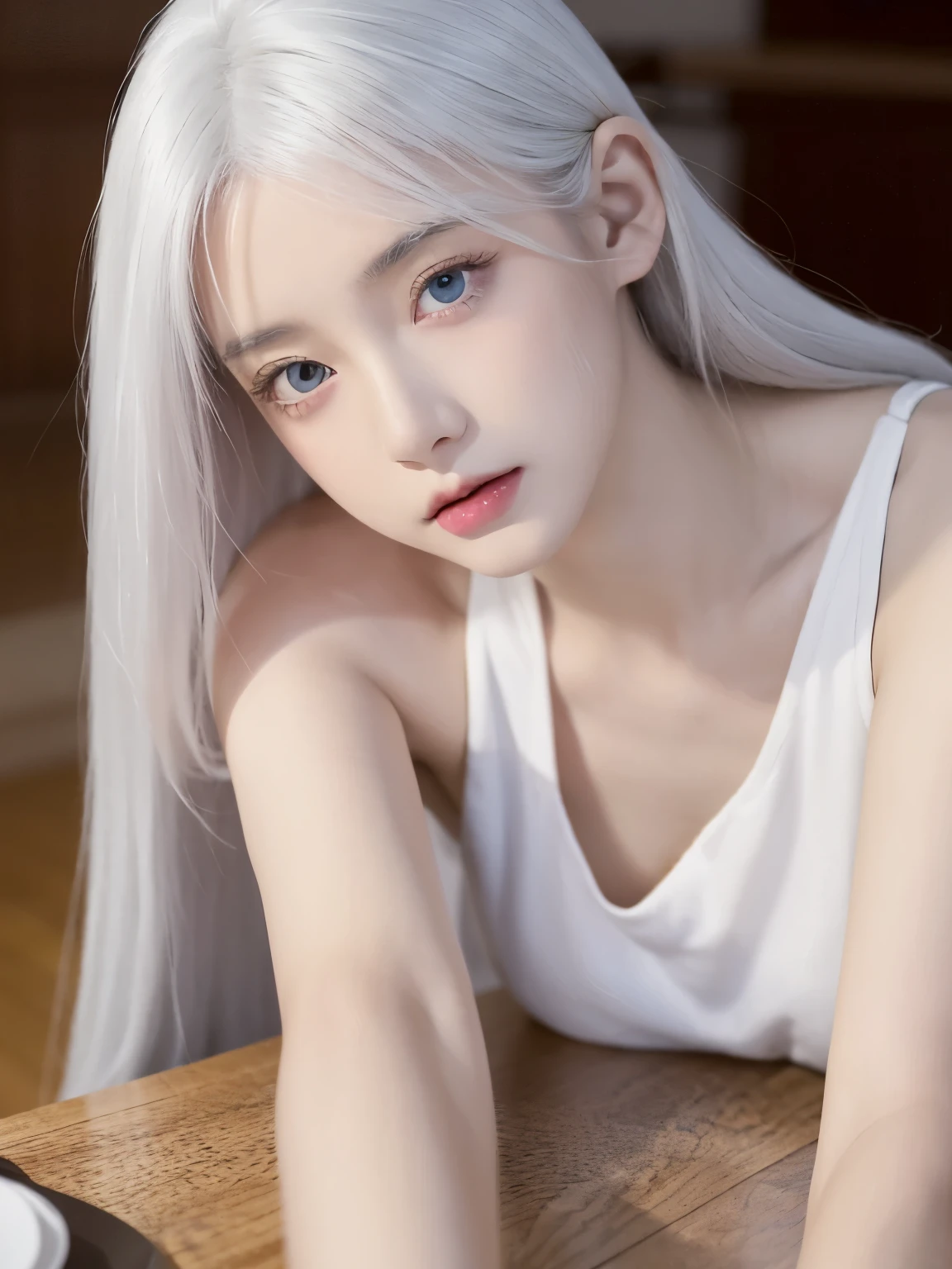Be a girl with pink skin, pretty eyes (red eyes) as deep as the night sky, Half sad face lying on the table, White hair, looking at you, With anime/Semi-realistic art style