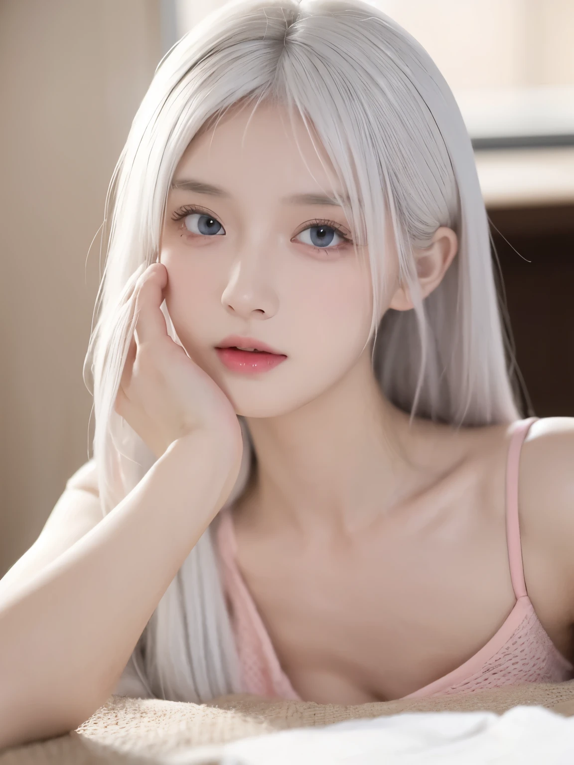 Be a girl with pink skin, pretty eyes (red eyes) as deep as the night sky, Half sad face lying on the table, White hair, looking at you, With anime/Semi-realistic art style