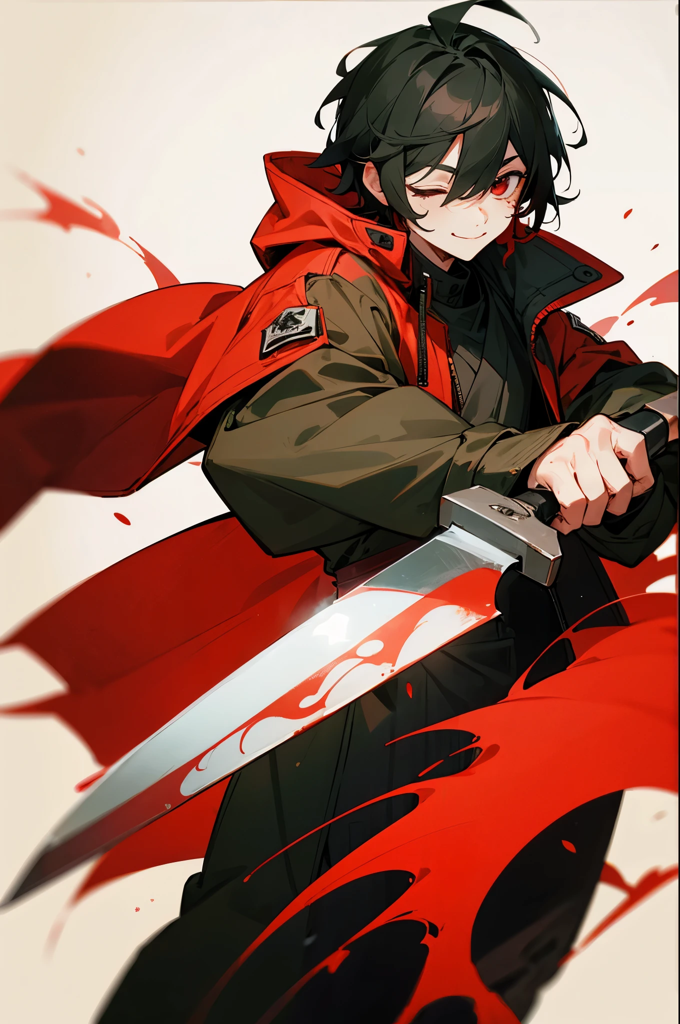 male people、shorth hair、Very short、Eyes closed、a smile、I have a kitchen knife、Bloody、Red ink、parka、battleing