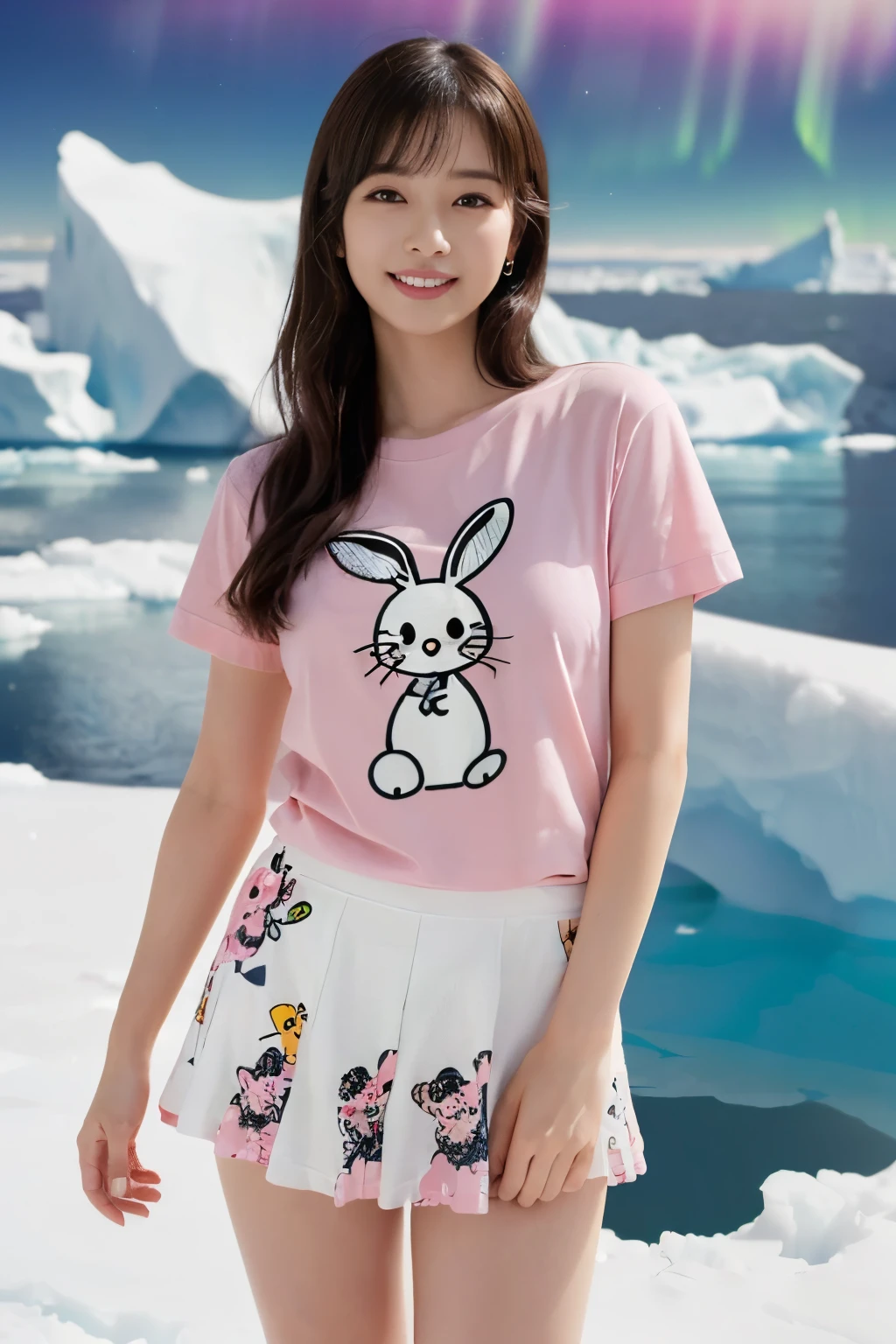 ((masutepiece:1.4, Best Quality)), (photos realistic:1.4), ((1girl in)), ((20yr old)), (Ultra High Resolution:1.2), Extremely delicate and beautiful, amazing, the Extremely Detailed CG Unity 8K Wallpapers, Ultra-detailed, High resolution, Soft light, Beautiful detailed girl, extremely detailed eye and face, beautiful detailed nose, Beautiful detailed eyes, (Wearing a shocking pink T-shirt、Print a Sanrio-style rabbit illustration:1.5), (Pink skirt:1.3), ((thighs thighs thighs thighs)), Lustrous black hair, Cinematic lighting, Perfect Anatomy, Slender body, (Standing in front of an iceberg in Antarctica at night:1.3), (Aurora Borealis in the Night Sky:1.3), Cute poses, Cowboy Shot, laugh very loud