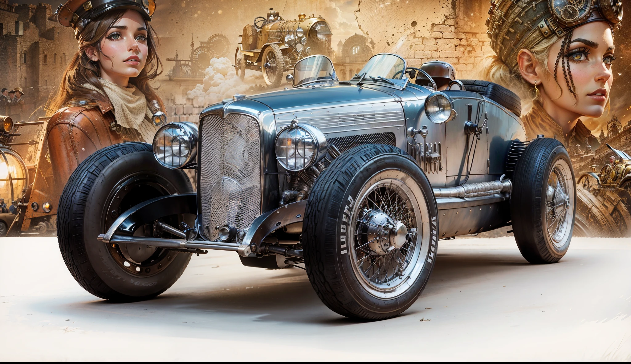 Vintage steampunk racing car parked in the foreground with two beautiful female racers with racing helmet and goggles and steampunk racing clothes, in the background vintage racing car in front of steampunk buildings