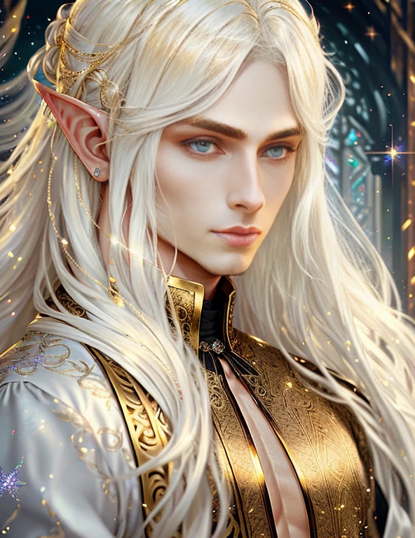 gorgeous male elf with a perfect balance of masculine and feminine features, stunning long white hair, white and gold tetradic colors, perfect anatomy, seductive red eyes, 8k resolution, (Single person), masterpiece, perfect face:1.2), intricate details, gothic Victorian detailed background, ancient, balenciaga, glitter