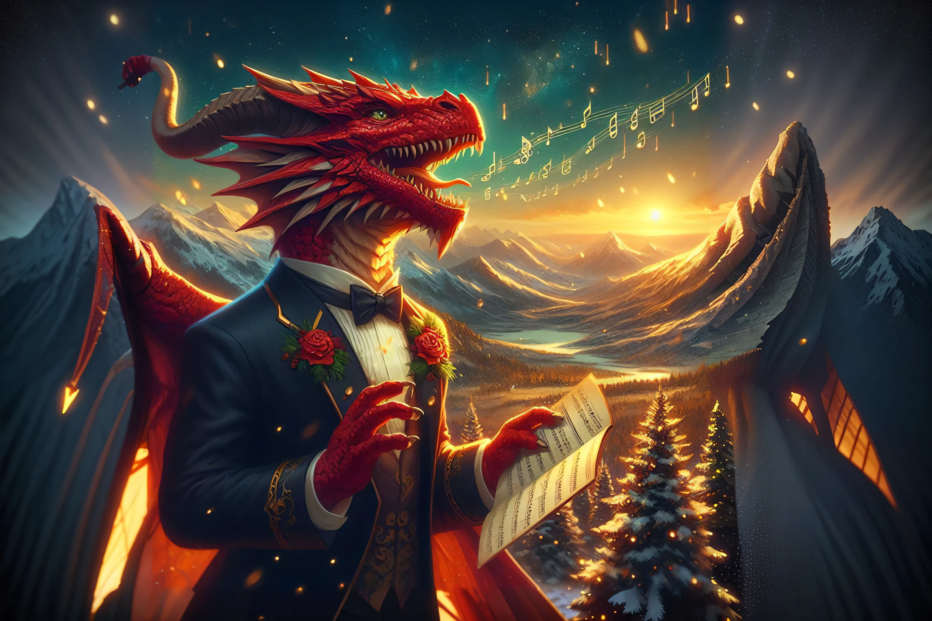 A humanoid red dragon in a black and Christmas formal suit.. amable. cantando canciones de navidad, flotando en el aire.. A lo lejos, realistic mountain landscape and clouds. Dibujo digital. ((Extremely detailed 8K illustration)), Altas Resoluciones, (Fondo extremadamente detallado y hermoso), Pintura ultra detallada, professional illustration, Ultra-precise depiction, Ultra-detailed depiction, (beautiful and aesthetic:1.2), HDR, (Profundidad de campo:1.4), De color, vivid, beautiful detailed glowing light particles, intrincado:1.4