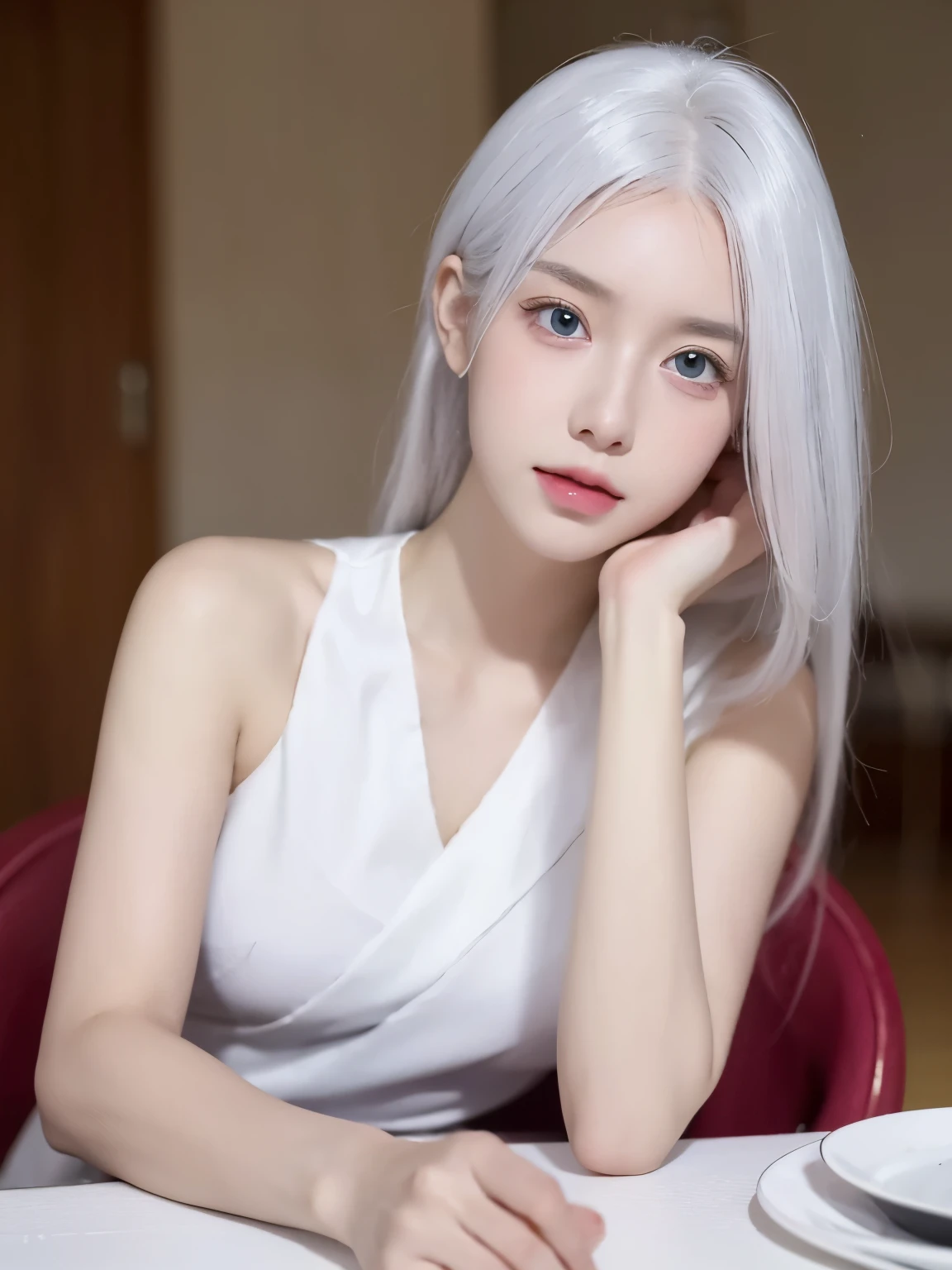 Be a girl with pink skin, pretty eyes (red eyes) as deep as the night sky, Half sad face lying on the table, White hair, looking at you, With anime/Semi-realistic art style