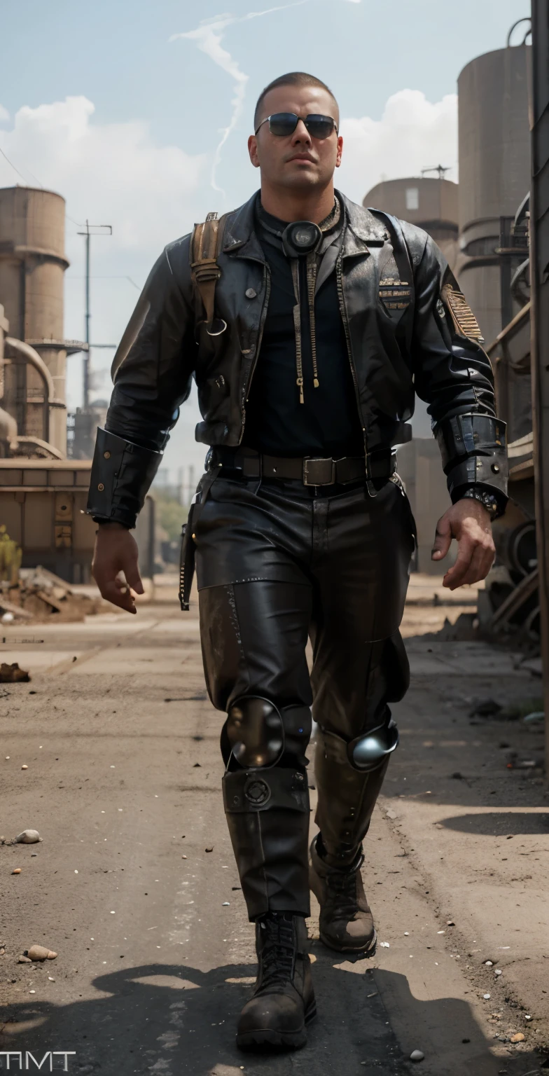 Full Body Male on the Wasteland, tall and burly, pure white tights, big muscles, big bumps, Buzz cut, black sunglasses, black military boots, buzz cut, steampunk style, steampunk art, complex mechanical devices such as gears, pipes, valves, (huge industrial building: 1.4), gray theme, retro futurism, crazy detailujiflim XT3), 20 megapixels, detailed, cinematic particles,