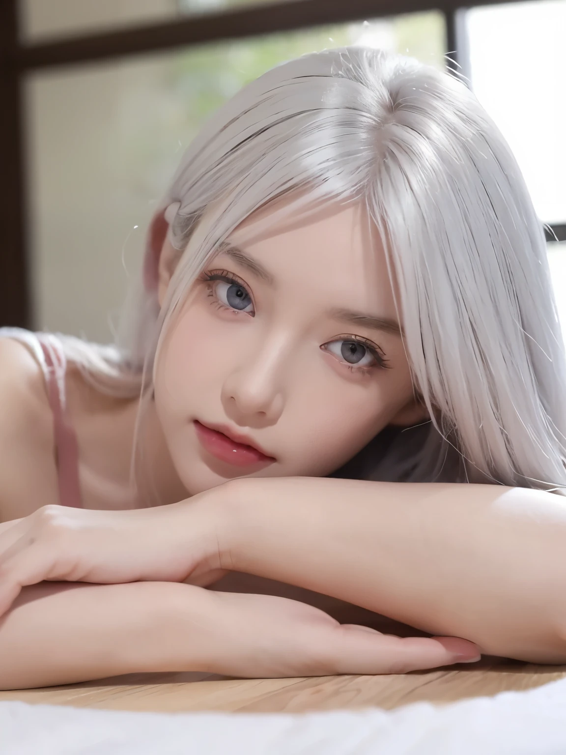 Be a girl with pink skin, pretty eyes (red eyes) as deep as the night sky, Half sad face lying on the table, White hair, looking at you, With anime/Semi-realistic art style