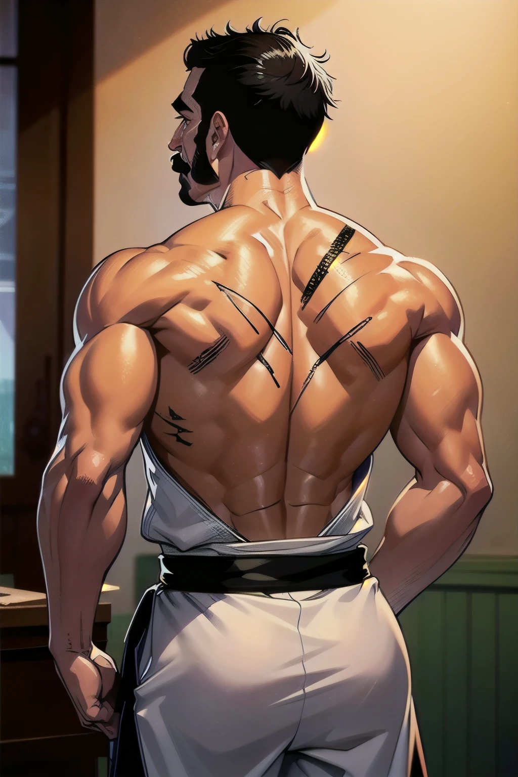 an elderly yet well-muscled man, hair sweeping up from behind his ears, large sideburns and a mustache, a star-shaped scar on his chest, gray hair, black sleeveless karate gi with a tiger head design on the back, tied with a red belt