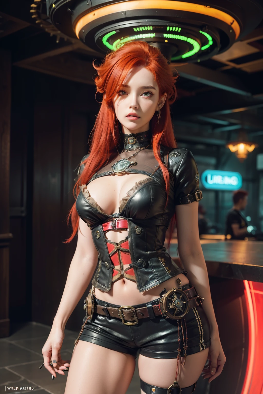 a very beautiful woman in detailed shorts and t-shirt, petite figure, steampunk objects, (((ciberpunk neon details))), futuristic victorian style clothes, shy, gravity dash inspiration, expert high detail, (((wild red hair))), ciberpunk and steampunk mix, sexy pose, curvy, futuristic army clothes, futuristic weapon, abstract background with flowers details