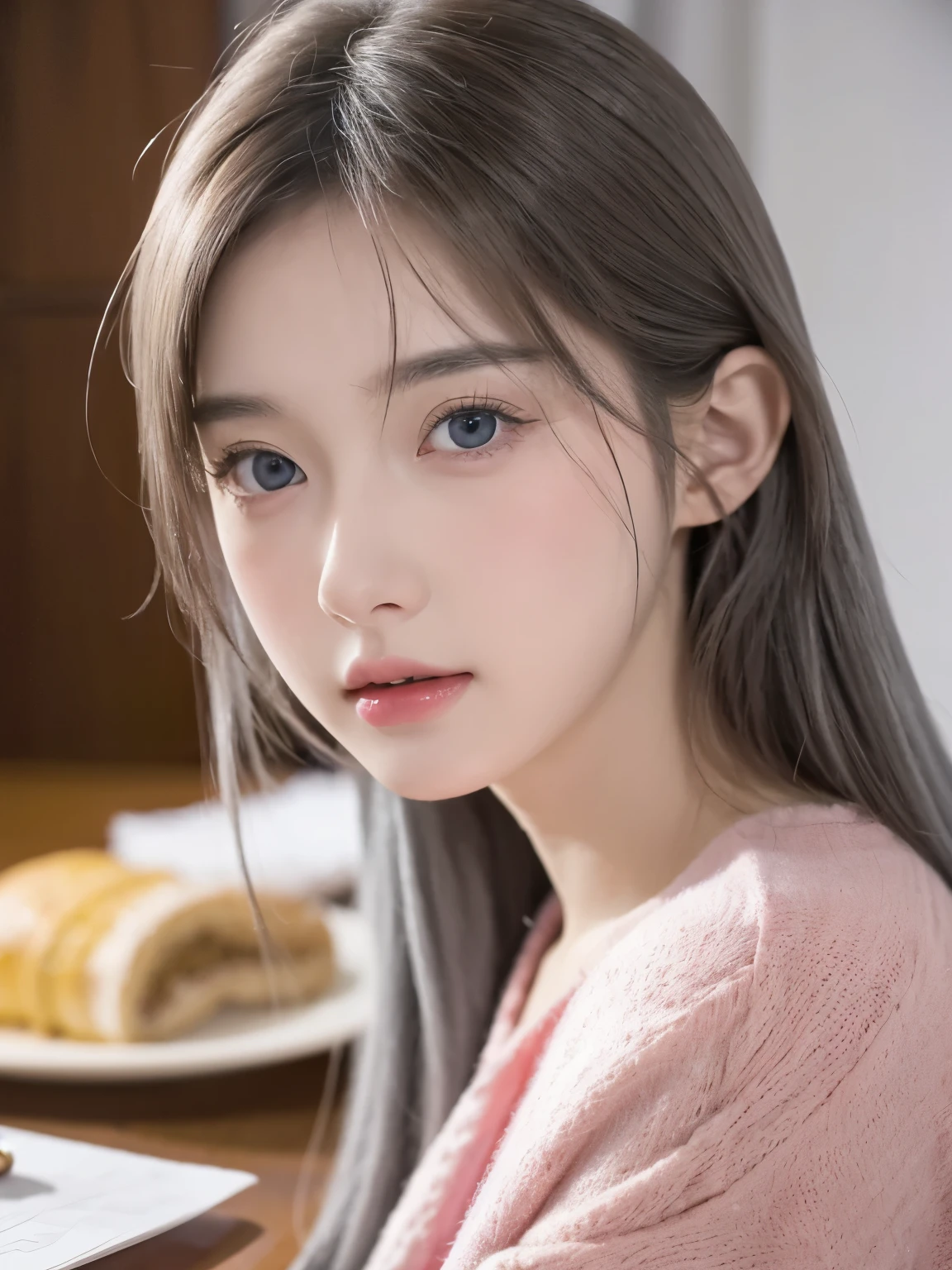 Be a girl with pink skin, pretty eyes (red eyes) as deep as the night sky, Half sad face lying on the table, Gray hair, looking at you, With anime/Semi-realistic art style