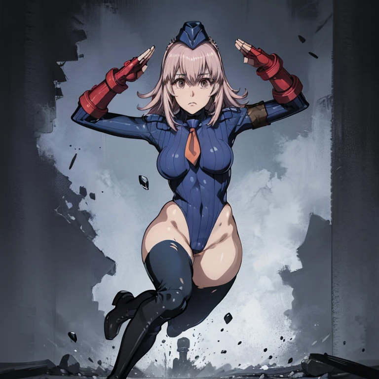 ultra-detailed, Explicit, Beautiful body, Beautiful Nose, Beautiful character design, perfect eyes, perfect face, ultra highres, 4K, beautiful legs, perfect legs, Nice hands, Perfect hand, Masterpiece, Best Quality, Highly detailed, illustration, absurdres, street fighter, doll suit, shadaloo doll, dollsuit, expressionless, blank eyes, looking at viewer, red gloves, emotionless, black latex, corrution, mind control, female combatant, full body, hypnotized, unhappy trance, full body suit, ribbed bodysuit, both arms at side, obey, perfect female body, extremely glossy latex, hypnosis, hypnoLora, empty eyes, Mind control device, poses, submissive_pose, Slave, hat, necktie, stand up straight, standing, standing at attention, hat, necktie, belt, latex, ribbed bodysuit, thighhighs, garter belt, Fighting Stance, extending the right arm from the shoulder into the air with a straightened hand, nazi saluting, military, military saluting, salute, thigh boots, 1girl, solo, killing bites, inaba ui, pink hair, long hair, bunny ears, animal ears