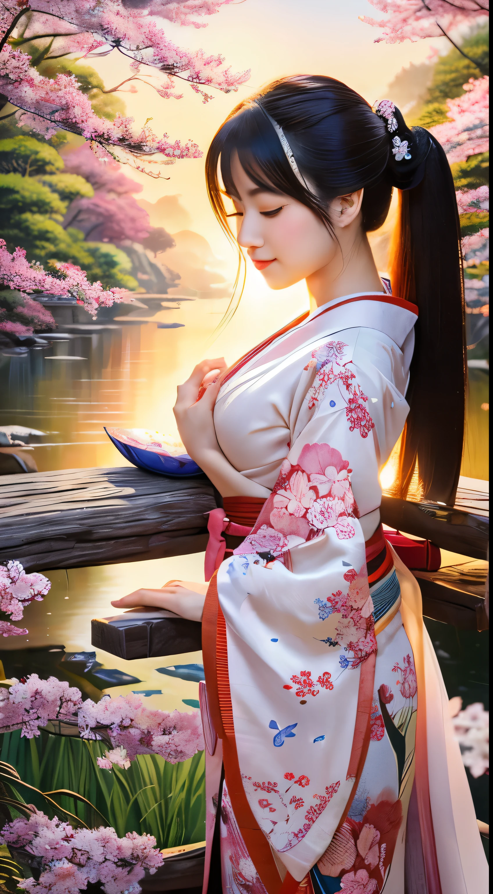 A busty woman wearing a beautiful kimono stands elegantly in a traditional Japanese painting.. The scene is full of vibrant colors, reflect the beauty of nature. The lighting is soft, Gives a gentle glow to women's faces. Detailed cherry blossoms blooming nearby, Add elegance to your surroundings. A quiet waterfall cascades in the background, create a sense of tranquility and peace. Artwork shows the breathtaking beauty of Asian culture, Inviting viewers to the fascinating world of Japan. With high resolution and ultra-high definition image quality、Capture every intricate detail。, A masterpiece in the realm of Japanese traditional art..