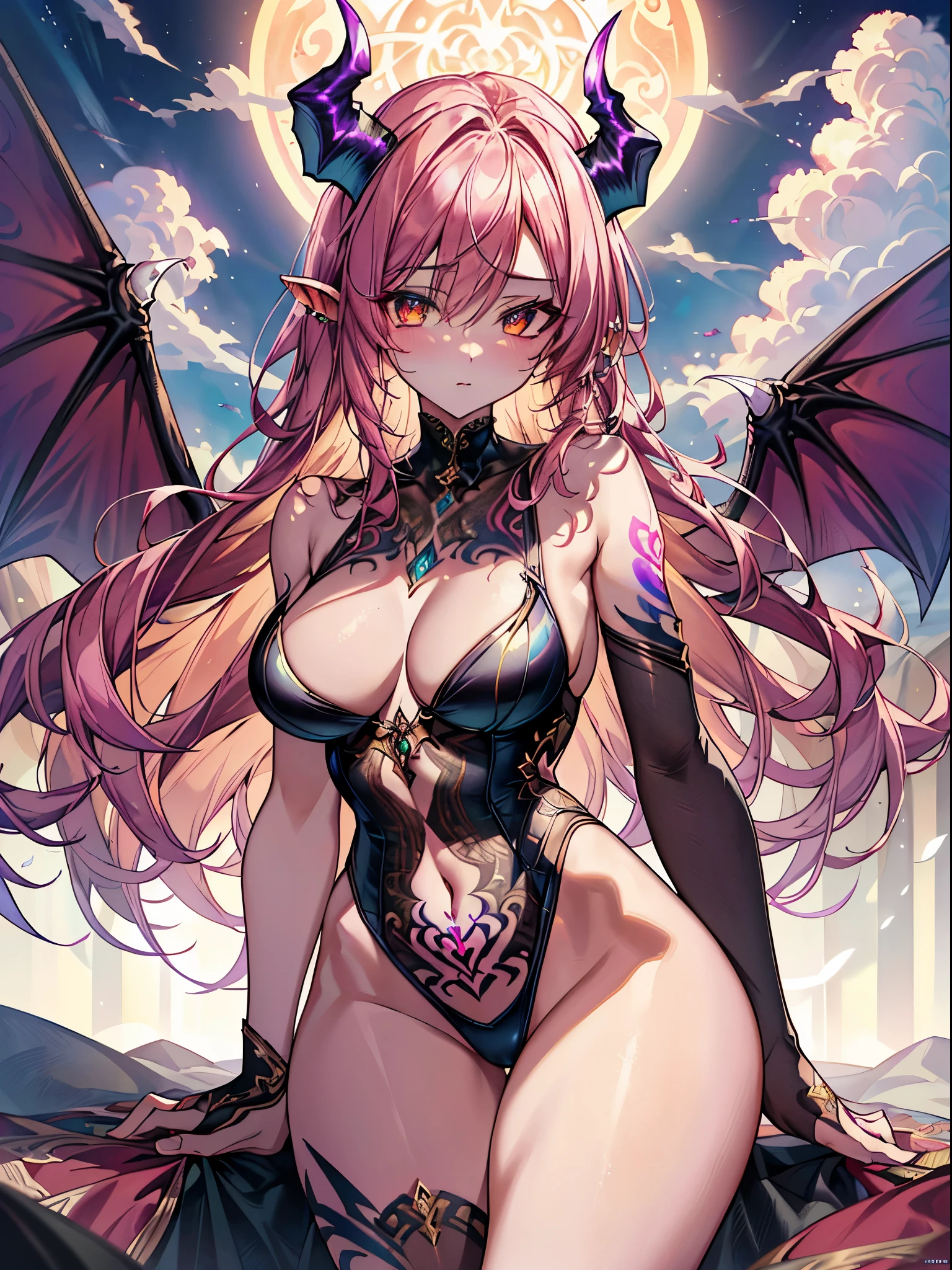 ((best quality)), ((masterpiece)), (detailed), alluring succubus, ethereal beauty, perched on a cloud, (fantasy illustration:1.3), enchanting gaze, delicate wings, otherworldly charm, mystical sky, moonlit night, soft colors, (detailed cloudscape:1.3), (high-resolution:1.2), tall body, medium breast, perfect anatomy, medium small thigh, medium ass, sexy pose,sexy clothes ,small demon wings, crotch tattoo, tattoos,wind mage,full body,extreme details, realistic light, epic composition, (complex details), (complex design, ultra-details :1.2), Art Station, (Masterpiece, Best Quality), Ultra HD, 32k ,octane render, bioluminescent,8K resolution concept art, realism,by Mappa studios,masterpiece,best quality,official art,illustration,ligne claire,(cool_color),perfect composition,absurdres, fantasy