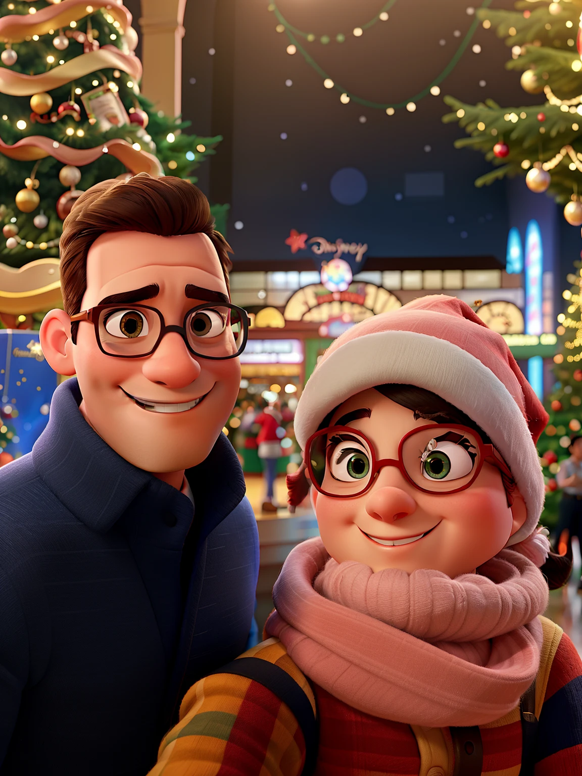 A Disney Pixar-style couple with glasses in the mall in front of the Christmas tree, alta qualidade