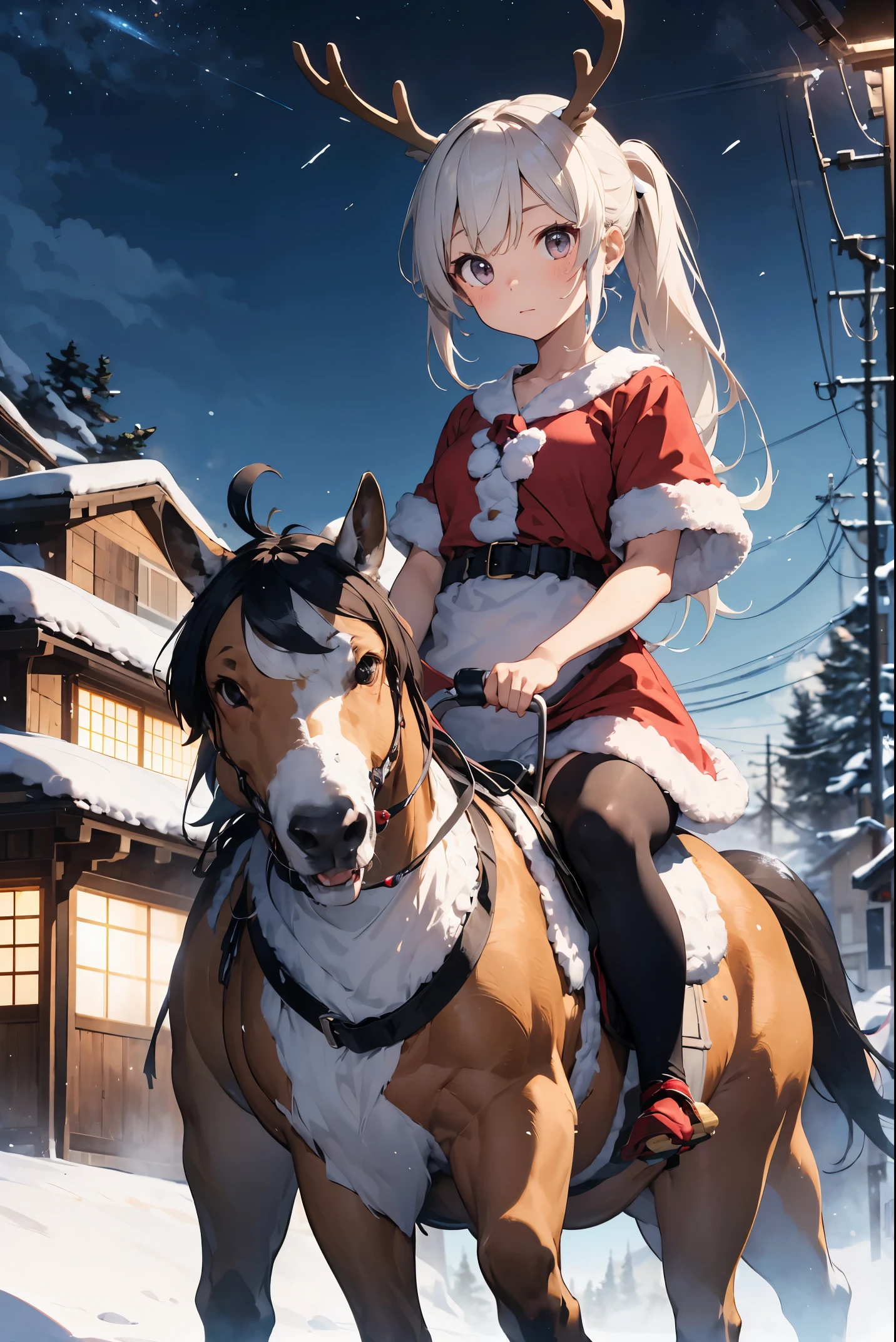 In the snowy field of White Christmas、Illustration of a young beautiful girl serving hot sake while riding a reindeer。The girl is petite and small size.、Features big eyes and medium braided ponytail。she has a big ribbon in her hair、Wearing a fluffy red and white Santa costume。hold the reins in your left hand、He is holding a tray of hot sake in his right hand.。The reindeer she rides is wild、Putting on a glasan。The background is a snowy field、In the dark、It depicts flying snow and snow particles that emit light in fantastic fluorescent colors.。The overall colors are vivid、Produces a pop-like, powerful sense of speed and dash.。Size is 1024x1536