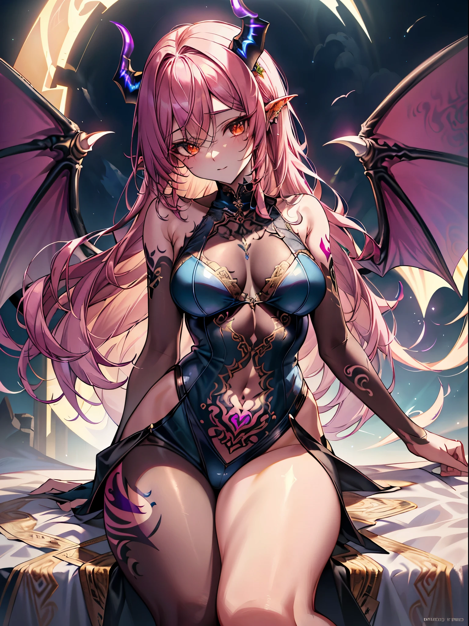 ((best quality)), ((masterpiece)), (detailed), alluring succubus, ethereal beauty, perched on a cloud, (fantasy illustration:1.3), enchanting gaze, delicate wings, otherworldly charm, mystical sky, moonlit night, soft colors, (detailed cloudscape:1.3), (high-resolution:1.2), tall body, medium breast, perfect anatomy, medium small thigh, medium ass, sexy pose,sexy clothes ,small demon wings, crotch tattoo, tattoos,wind mage,full body,extreme details, realistic light, epic composition, (complex details), (complex design, ultra-details :1.2), Art Station, (Masterpiece, Best Quality), Ultra HD, 32k ,octane render, bioluminescent,8K resolution concept art, realism,by Mappa studios,masterpiece,best quality,official art,illustration,ligne claire,(cool_color),perfect composition,absurdres, fantasy