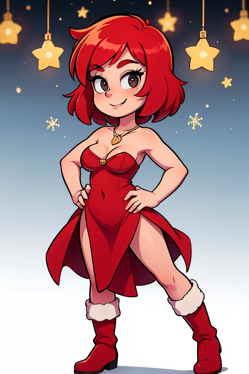 Masterpiece, best quality , nishikino maki, red hair, short hair, bob cut, black eyes, short red bodycon dress, red dress, strapless, sleeveless, red santa dress, red boots, smile, standing up, hands on hips, mistletoe on top, cleavage, necklace, elegant Christmas party, inside the mansion background, llchar