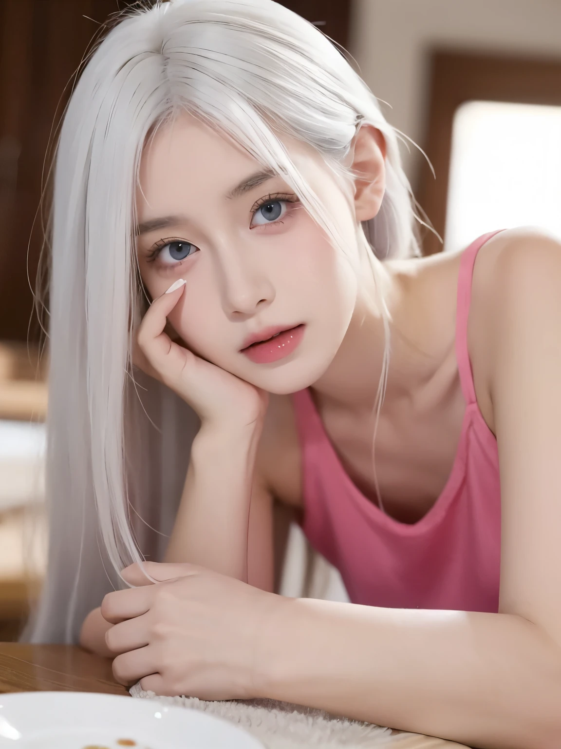 Be a girl with pink skin, pretty eyes (red eyes) as deep as the night sky, Half sad face lying on the table, White hair, looking at you, With anime/Semi-realistic art style