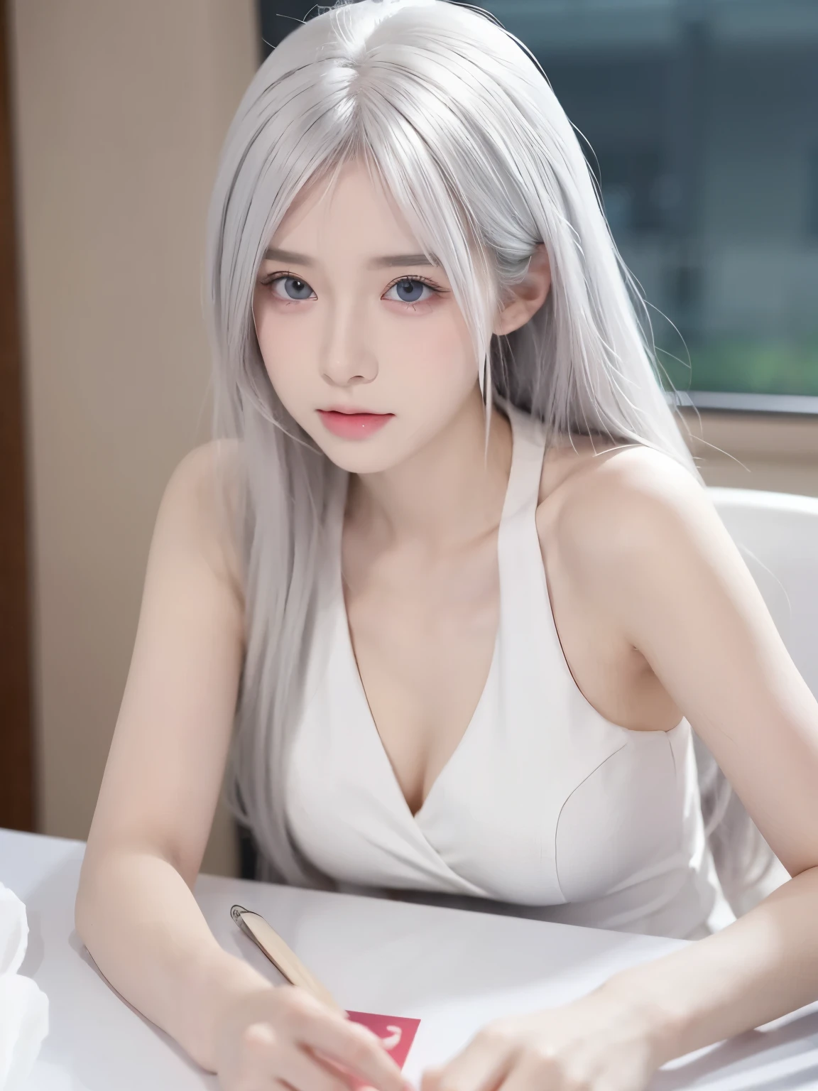 Be a girl with pink skin, pretty eyes (red eyes) as deep as the night sky, Half sad face lying on the table, White hair, looking at you, With anime/Semi-realistic art style