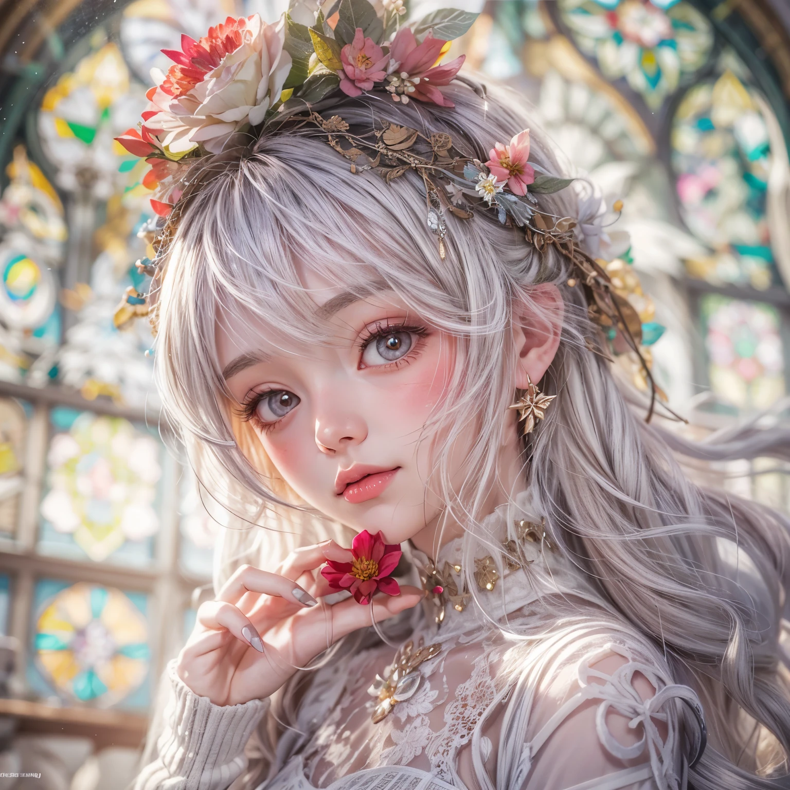 (SFW, Exposed:1.2), concept art, Tiny junior idol, Delicate lace knitted white clothes, (nipple:-0.9), (face closeup, (Dazzling stained glass Background)), (((Renbutsu Misako), vivid colorful Light shines through delicate stained glass:1.35, Dazzling Halo, Acutance:0.8)), {vivid red |Mystic sight | haze | lense Particle | lens flare | light Particle | body crotch}. (masterpiece:1.2),(ultra-detailed:1.37),((realistic,photorealistic,photo-realistic:1.37)), (Extremely detailed KAWAII face variations, innocent expression variations), {rosy cheeks | intricate detailed eyes with sparkling highlights | long eyelashes with volume | subtle blush on the face}. impeccable skin texture, captivating gaze, ((Dynamic-angle, physically-based rendering)), whole Body proportions and all limbs are anatomically accurate . full of flowers covering girl's body .