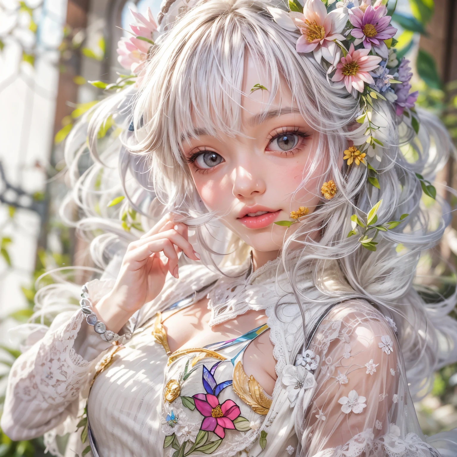 (SFW, Exposed:1.2), concept art, Tiny junior idol, Delicate lace knitted white clothes, (??????:-0.9), (face closeup, (Dazzling stained glass Background)), (((Renbutsu Misako), vivid colorful Light shines through delicate stained glass:1.35, Dazzling Halo, Acutance:0.8)), {vivid red |Mystic sight | haze | lense Particle | lens flare | light Particle | body crotch}. (masterpiece:1.2),(ultra-detailed:1.37),((realistic,photorealistic,photo-realistic:1.37)), (Extremely detailed KAWAII face variations, innocent expression variations), {rosy cheeks | intricate detailed eyes with sparkling highlights | long eyelashes with volume | subtle blush on the face}. impeccable skin texture, captivating gaze, ((Dynamic-angle, physically-based rendering)), whole Body proportions and all limbs are anatomically accurate . full of flowers covering girl's body .