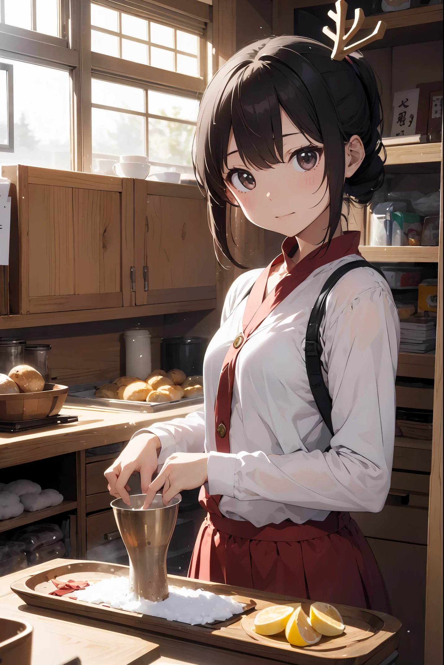 theme (クリスマスとhot sakeをreindeerに跨りながら配膳するa beauty girl:1.2) (hot sake:1.5) tchibi、tchibiキャラクターがreindeerが豪快に疾走する キャラクター 、a beauty girl、小柄、tchibi、Has a small、Big eyes、medium braid ponytail、Large ribbon、fluffy material、santa costume red and white、お盆の上にhot sake、ワイルドなreindeer、グラサンをしたreindeer、 nature Innocent、active、bad mood、Impressive sense of speed、Posing to create a sense of running reindeerに跨り左手にReinsを握り、右手でtrayを持つ、grasp、trayの上にhot sake 背景 snow field white Christmas environment dark bursting snow granular snow grains fantastic snow grains Snow grains that glow in fluorescent colors color 鮮やかなcolor 雰囲気 Pop and powerful illustrations Additional elements and objects hot sake tray Reins reindeer Lunette de soleil aspect ratio 2:3 portraitures